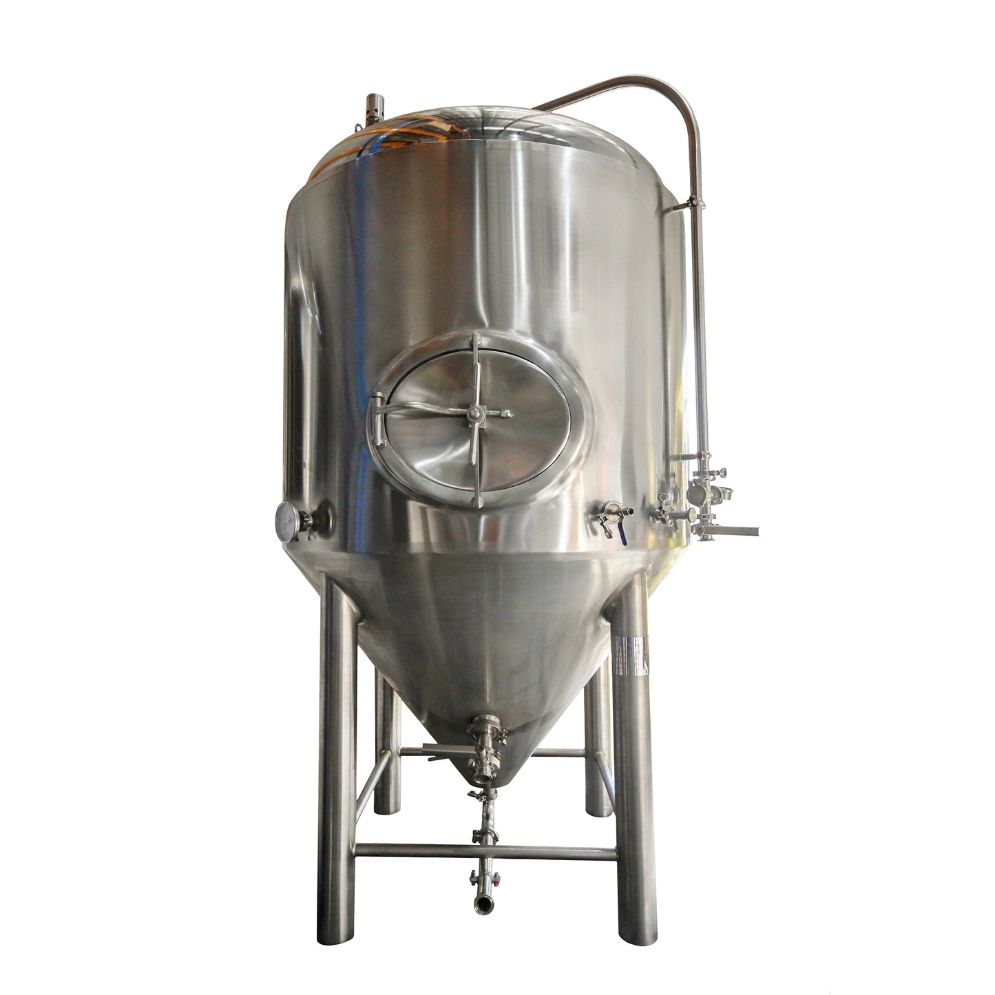 four leg 1000 litre stainless steel conical fermenter for fermenting and storing beer.
