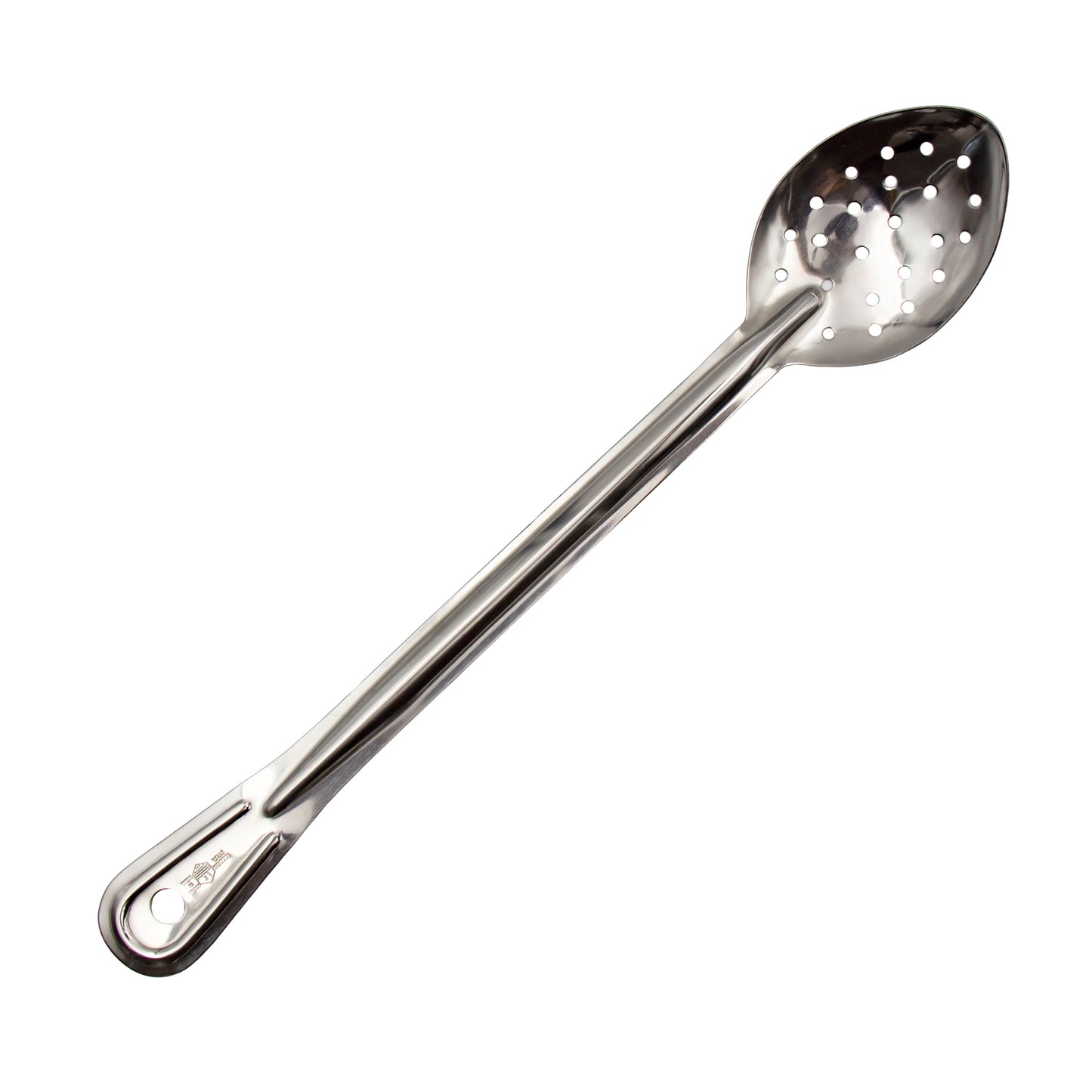 38cm stainless steel perforated spoon used in cheese and beer making.