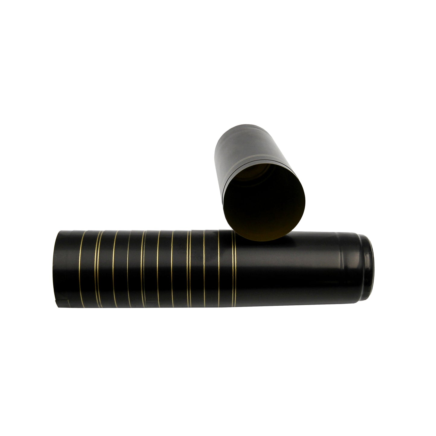 Pack of 100 black gloss with gold bank pvc heat shrink wine caps to suit standard 750ml wine bottles.