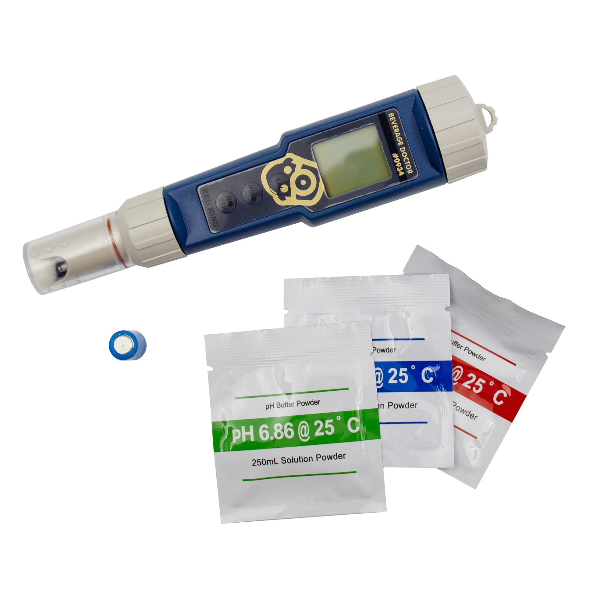 Beverage doctor ph meter with spare battery and three buffer solutions.