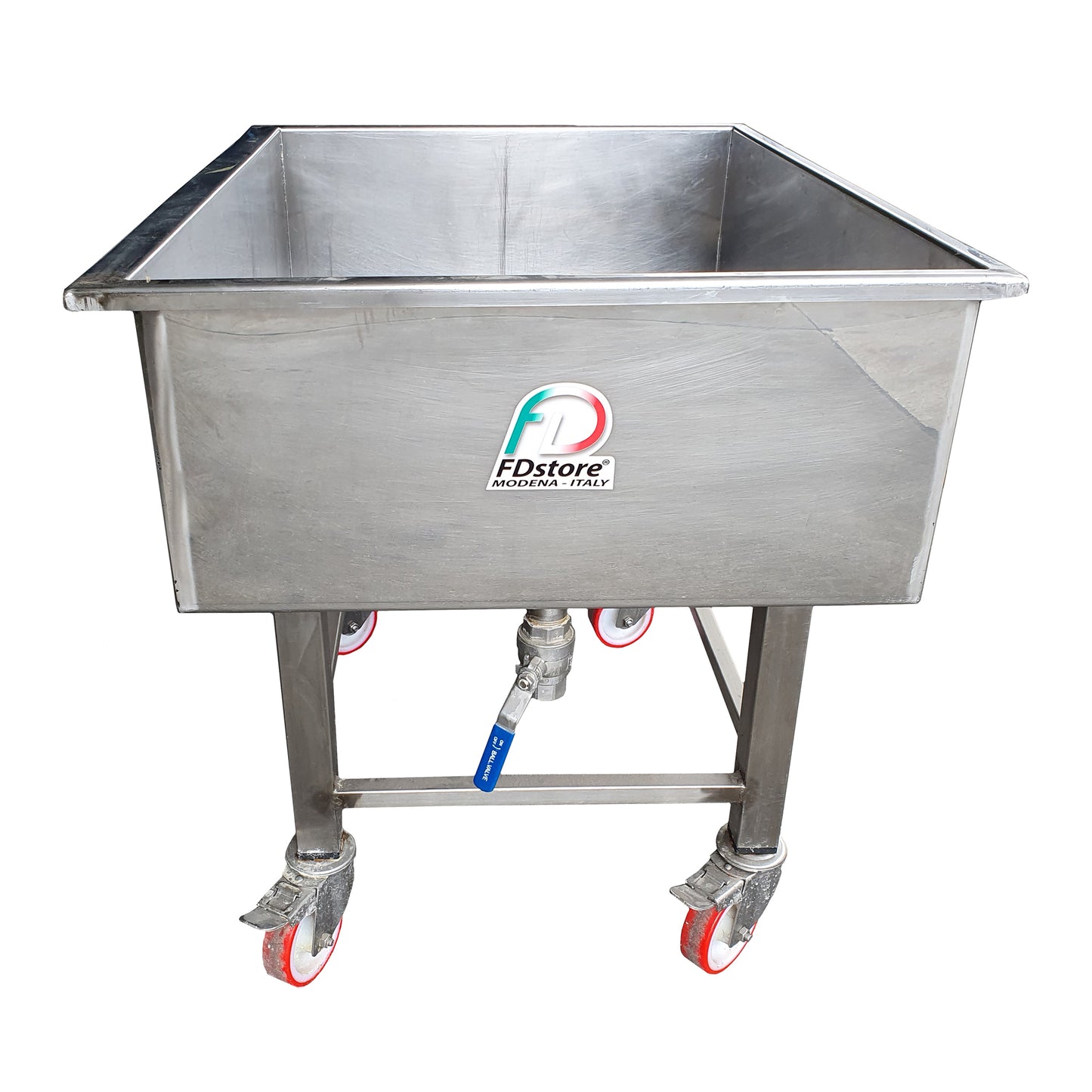 stainless steel curd drain cart made in italy with wheels and ball valve.