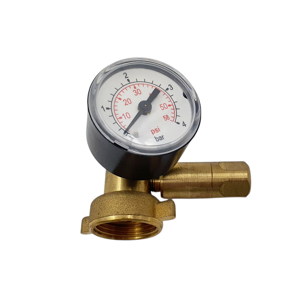 Brass pressure regulator with gauge on a white background