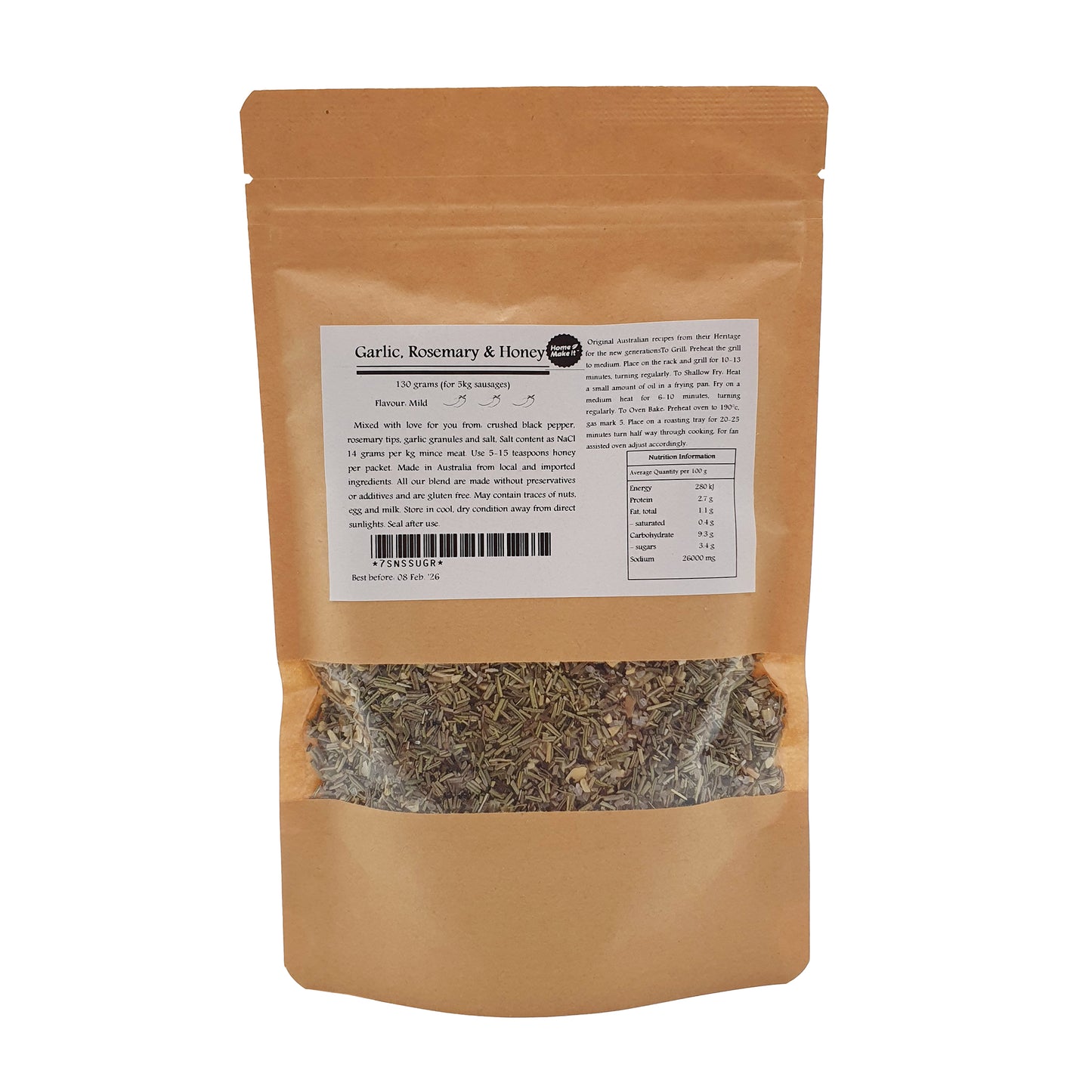 130 gram bag of rosemary and garlic spice mix for sausages.