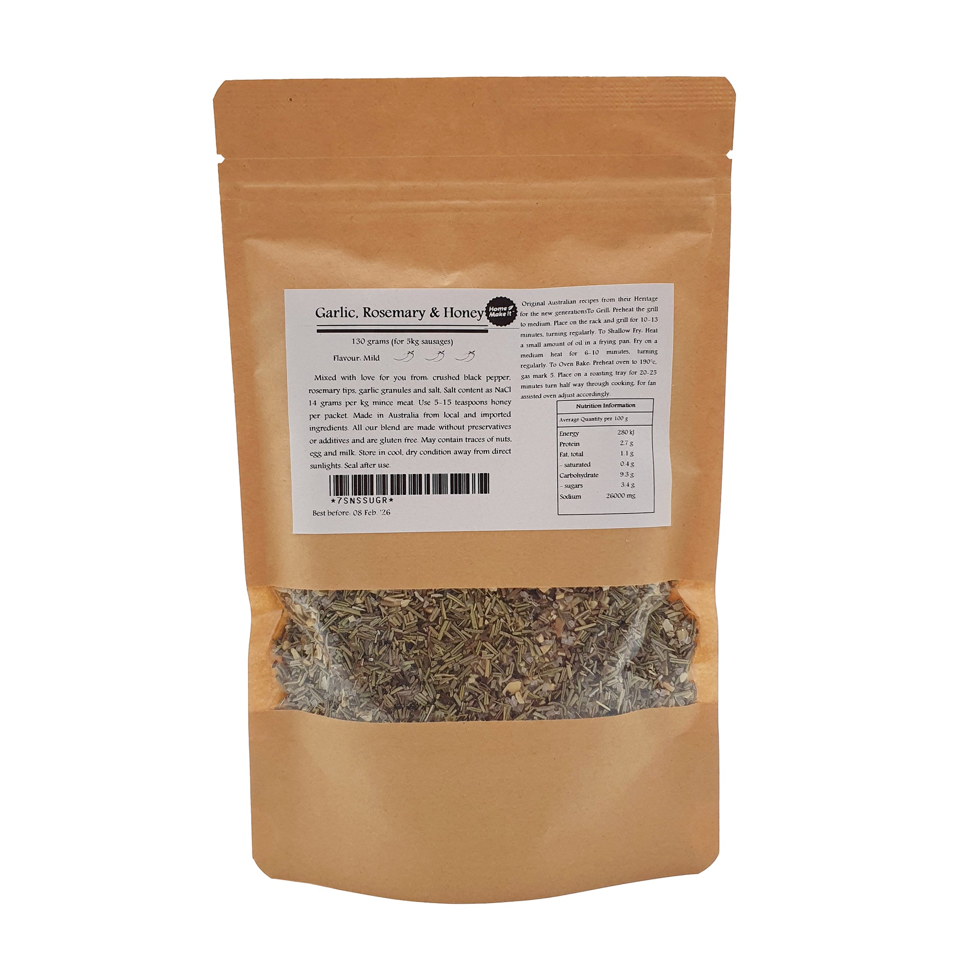 130 gram bag of rosemary and garlic spice mix for sausages.