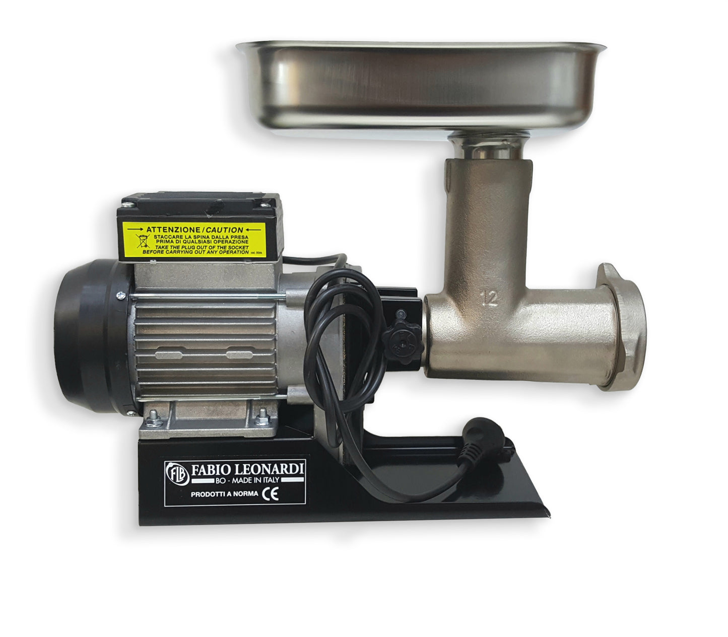 Italian made 0.5 horse power fabio leonardi flb motor, used with attachments in the passata, salami and sausage meat mincing. Image shows the motor with the #12 meat mincing attachment.