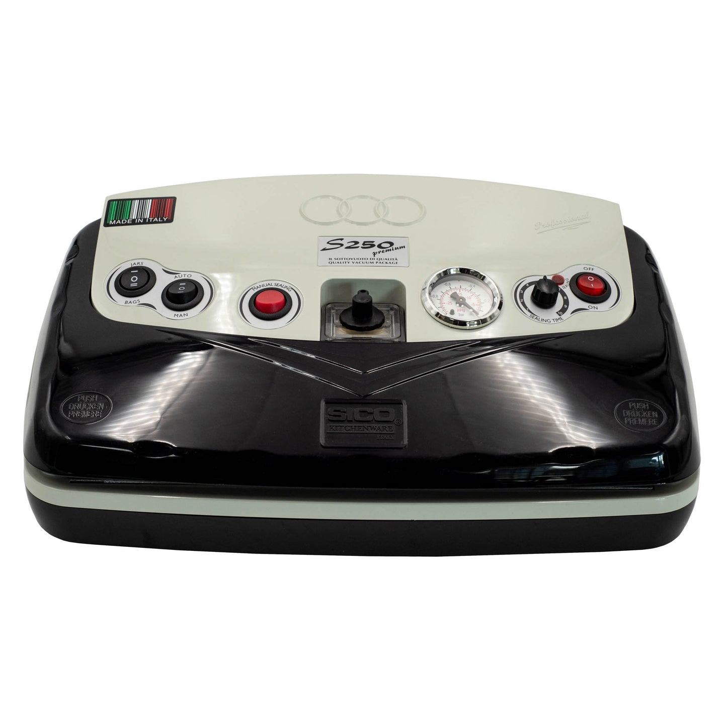 Italian Made SICO S250 Premium grey and black double sealing vacuum machine. for vacuum sealing food for storage.