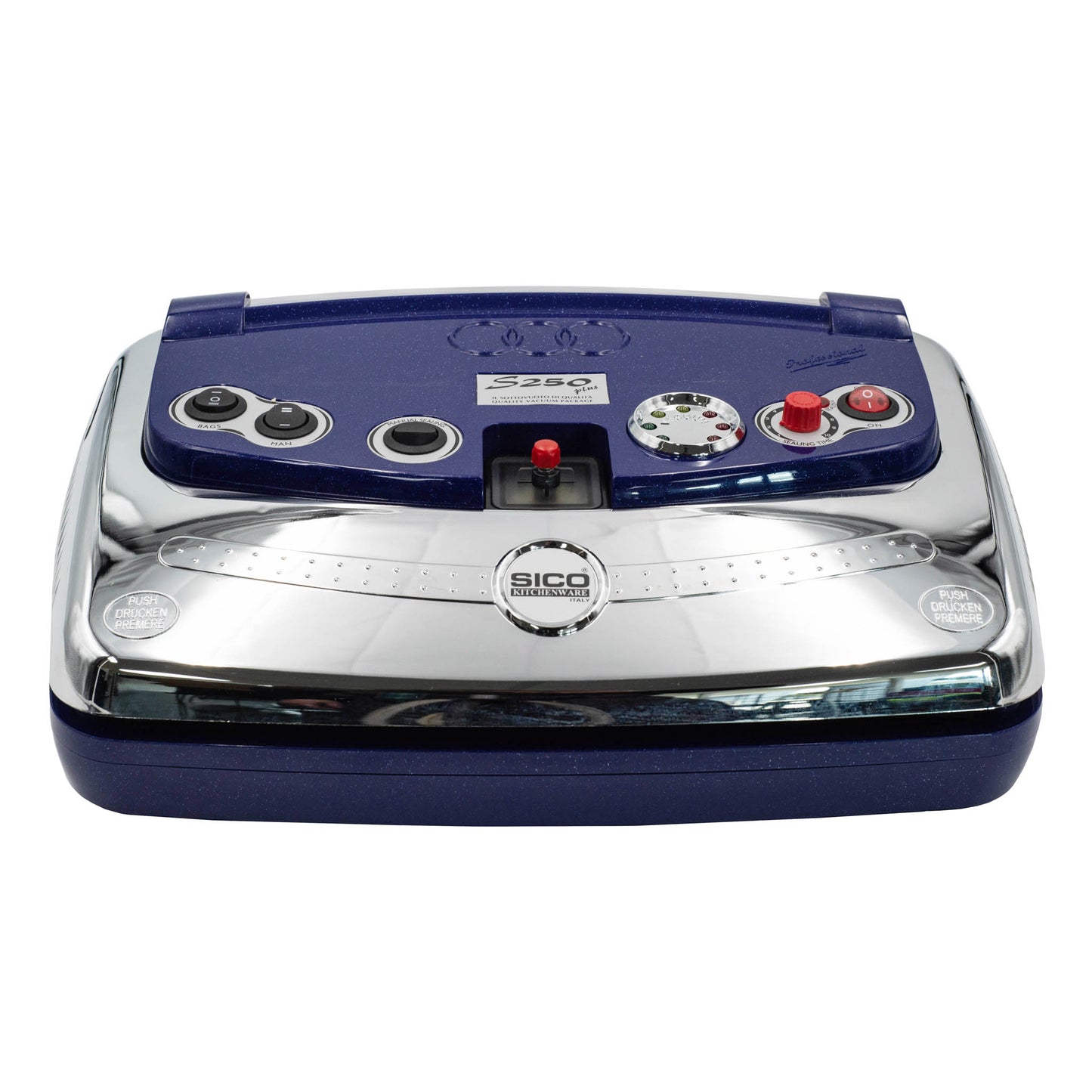 Italian Made SICO S250 Plus blue and Chrome single sealing vacuum machine. for vacuum sealing food for storage. 