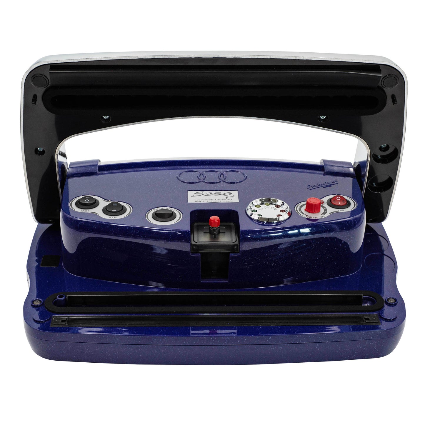 Italian Made SICO S250 Plus blue and Chrome single sealing vacuum machine. for vacuum sealing food for storage.