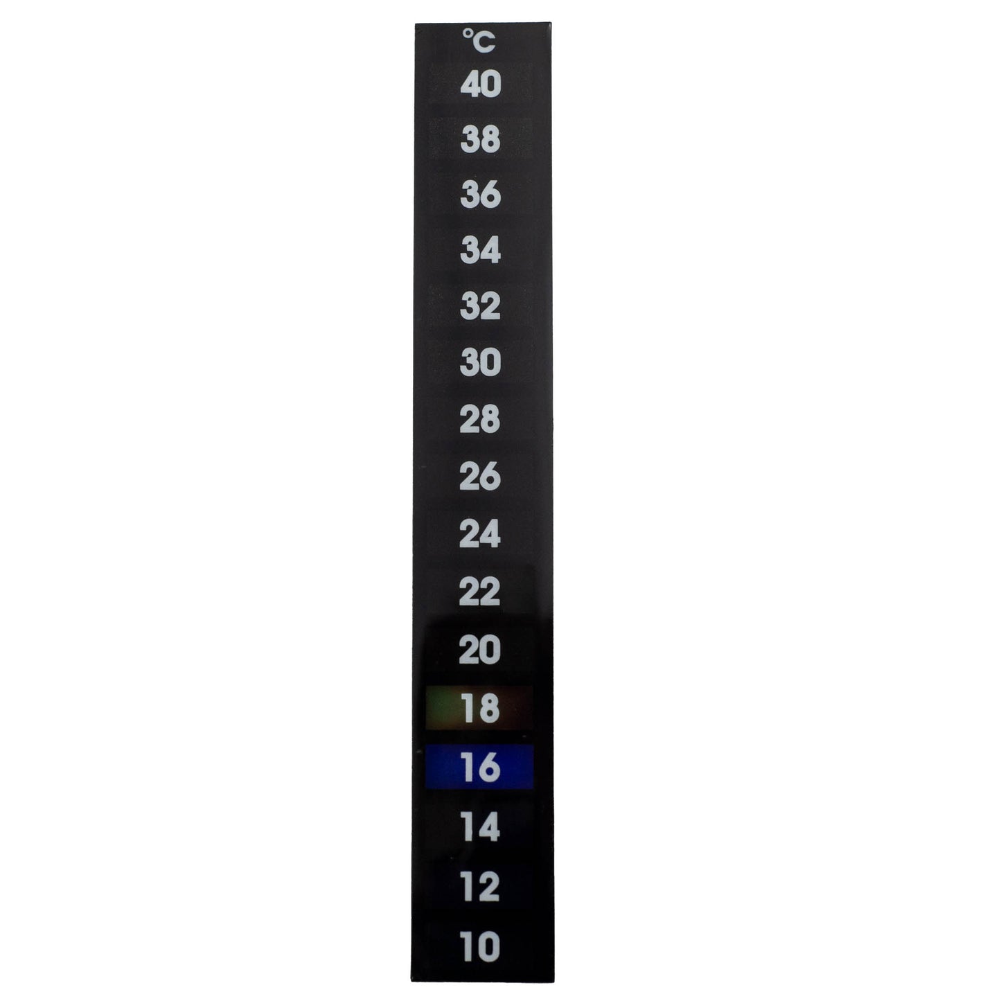 LCD thermometer on an adhesive strip. Measures from 10 to 40 degrees celcius