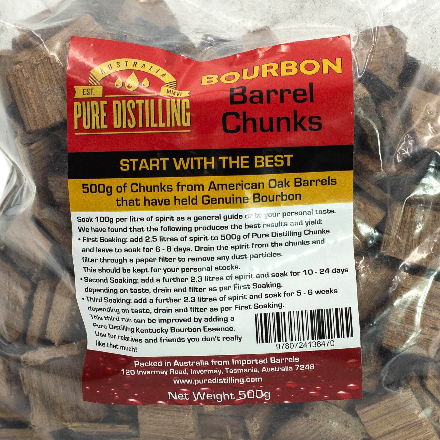 500g of barrel soaker chunks sourced from American Oak Barrels that have held genuine Bourbon.