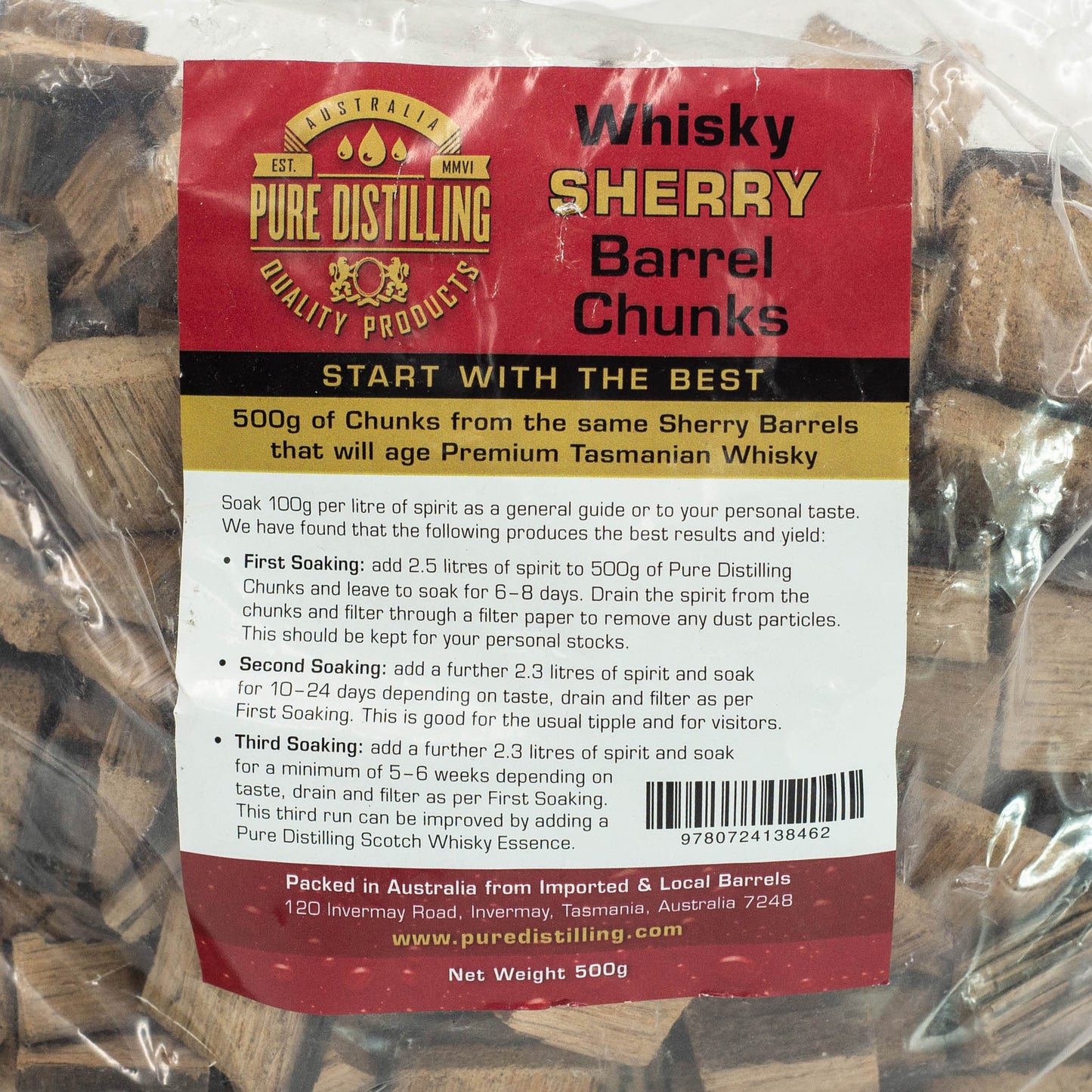 500g of Barrel Soaker Chunks sourced from genuine local and imported sherry barrels that have aged Premium Tasmanian Whisky.