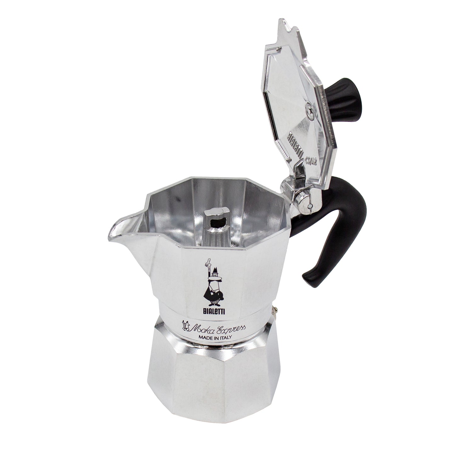 Italian made Bialetti Moka express stove top espresso coffee maker with the lid open