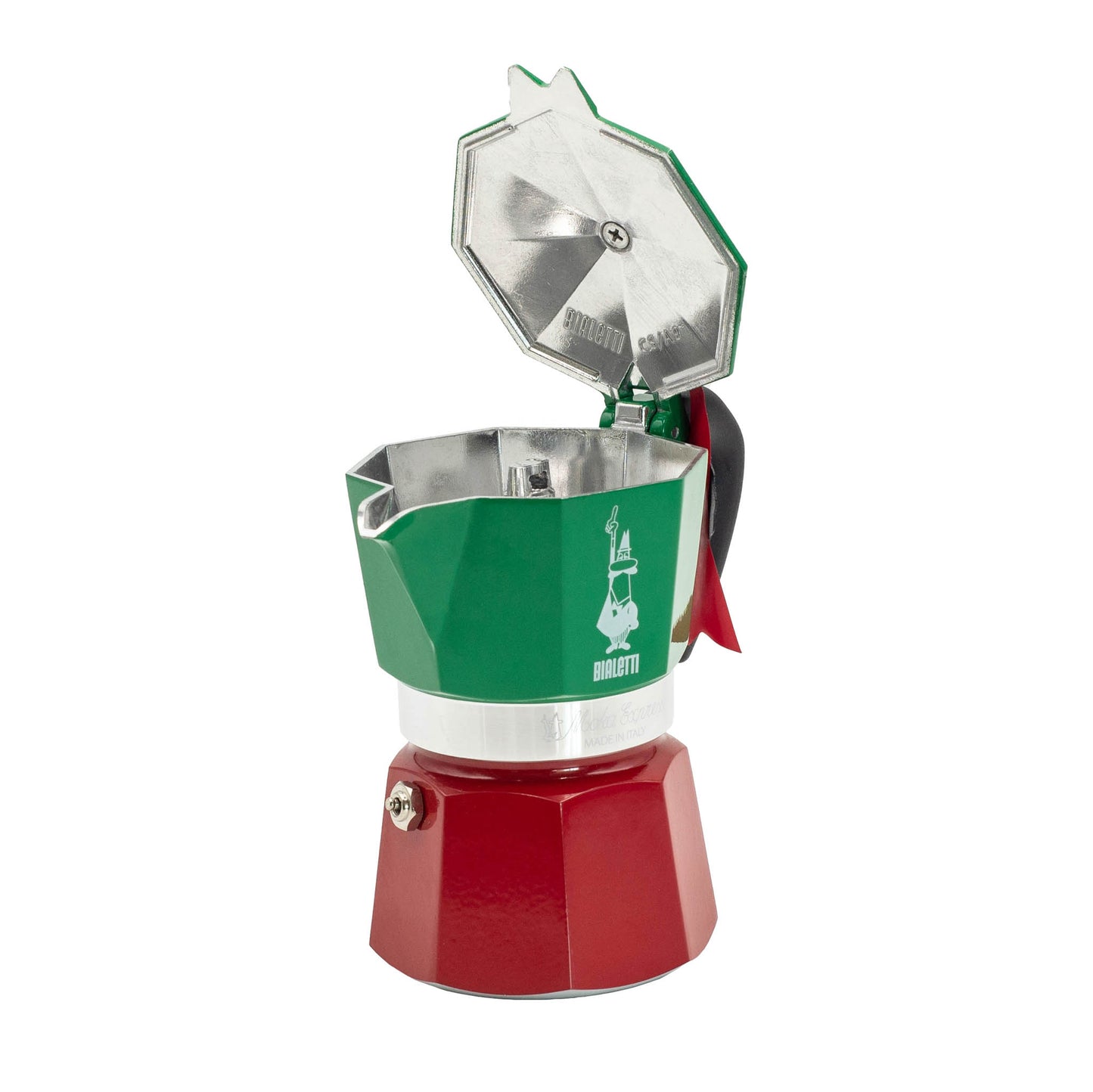 Green and red Bialetti Moka Italia Model.