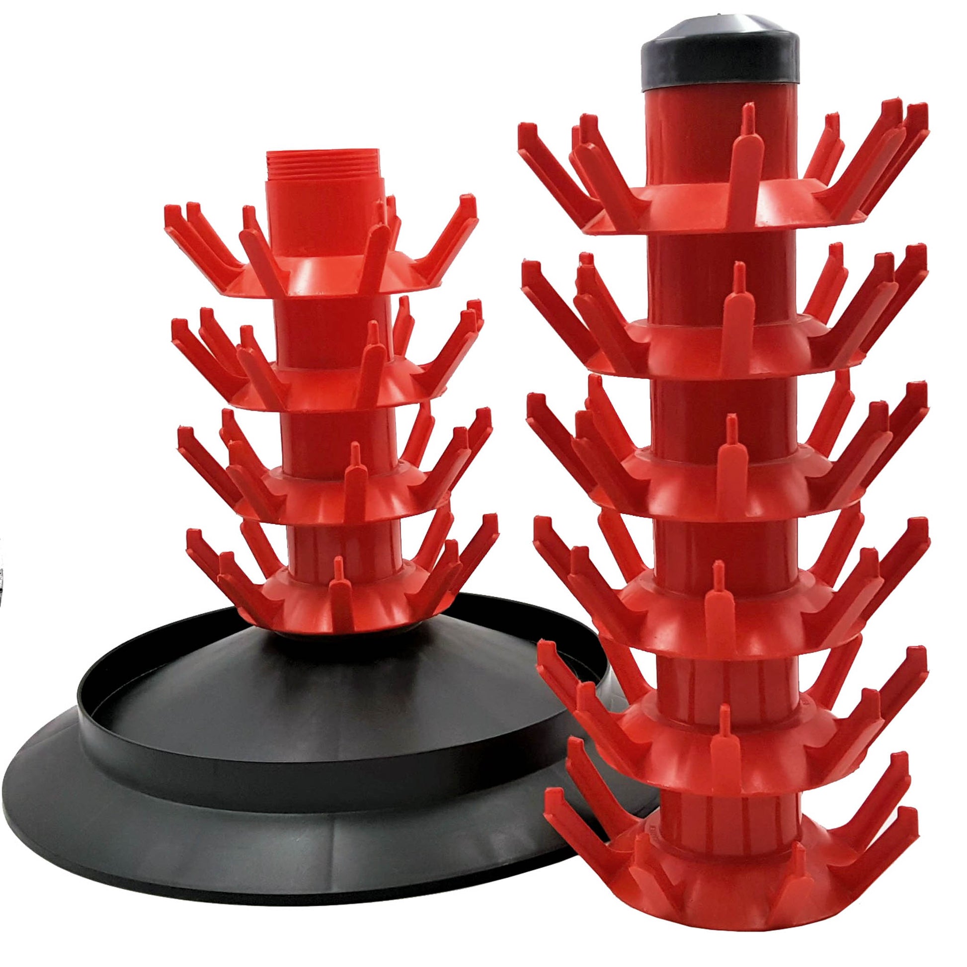 Red plastic bottle tree rack. Will hold up to 80 bottles