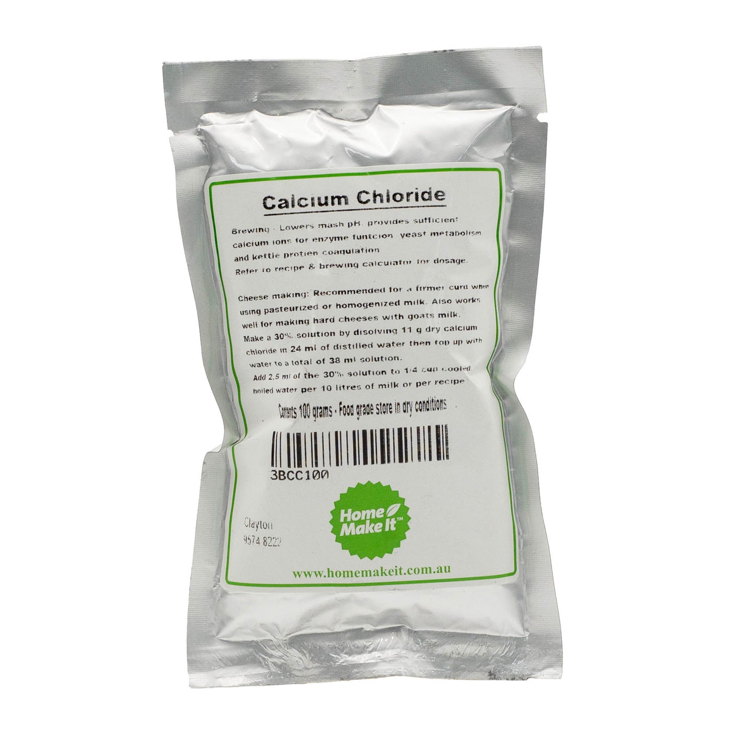 100 gram packet of calcium chloride. Can be used in beer and cheese making.