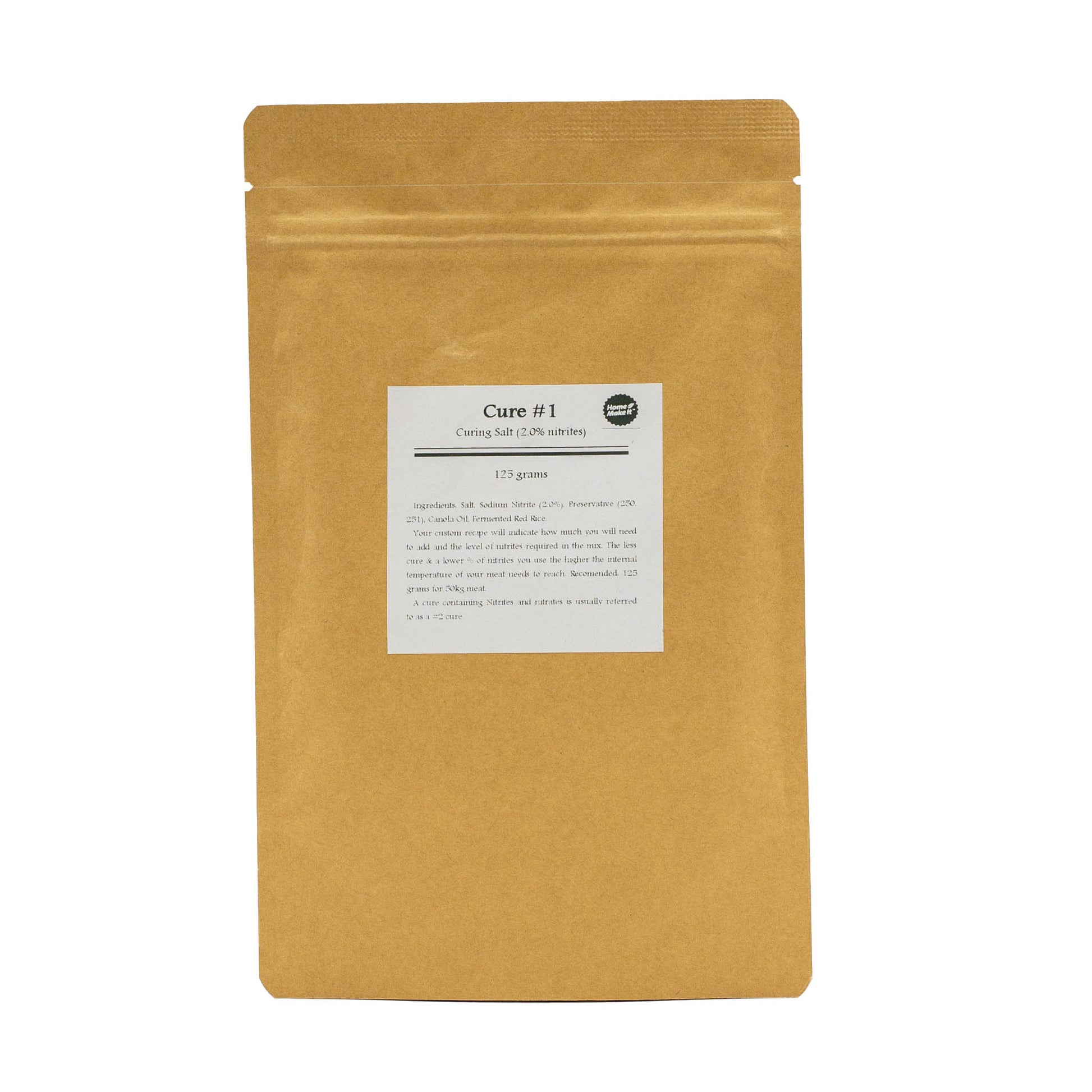 250g bag of Cure #1 with 2% nitrites required for safe processing of semi dried meats such as jerky, bacon and sausages that are heat treated in a smoker or oven.