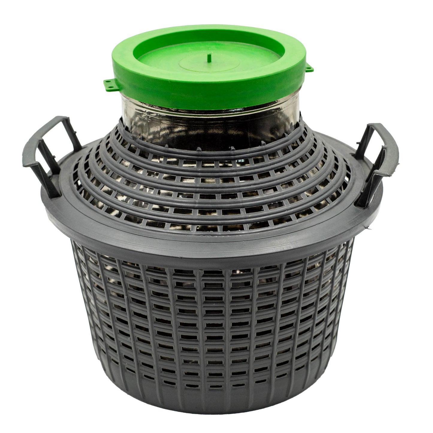 Italian made 25 litre wide neck glass demijohn with PVC basket and lid. For storage of oil, pickles or ferments.