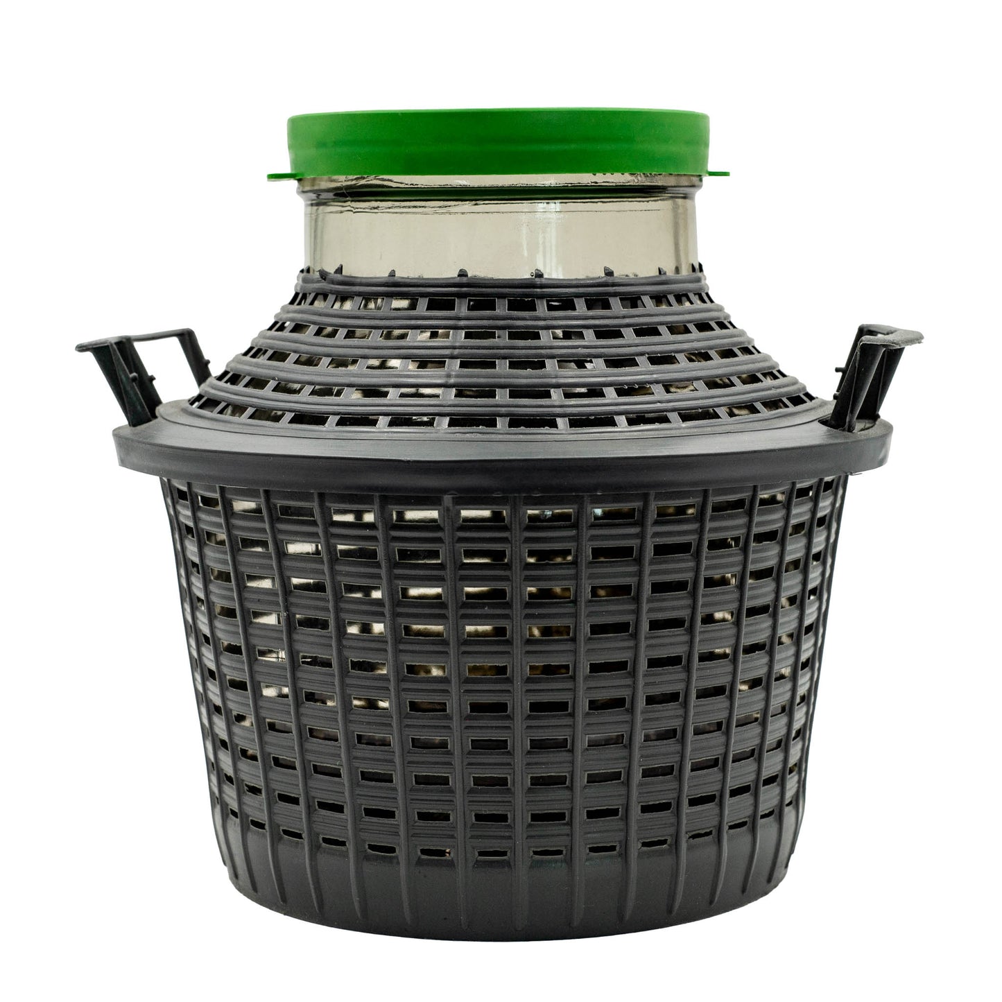 Italian made 25 litre wide neck glass demijohn with PVC basket and lid. For storage of oil, pickles or ferments.