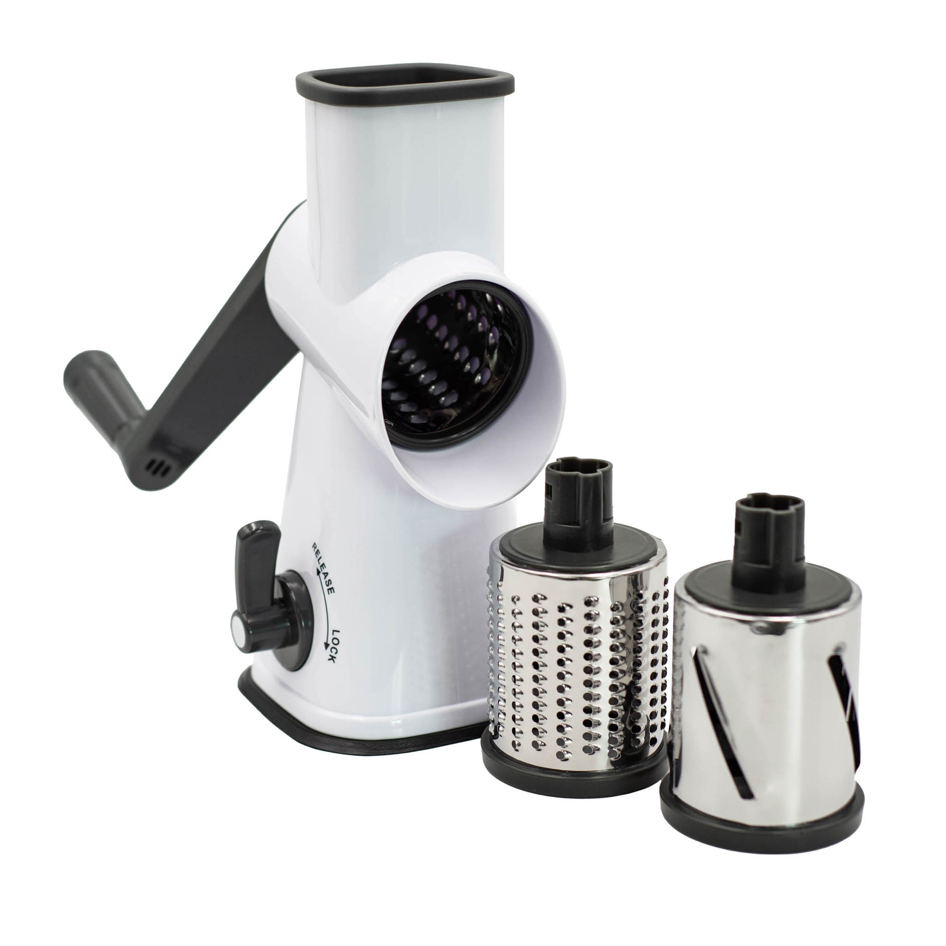 drum grater with three seperate drums for grating, slicing and mincing.