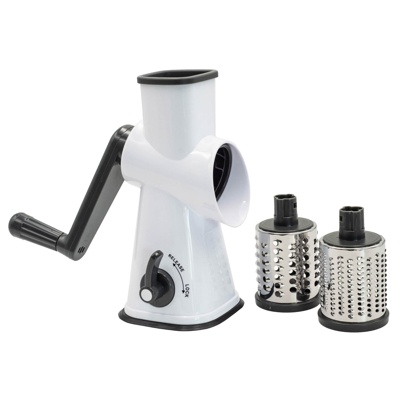 Drum grater with three drums that slice, grate and mine. Has a lockable base for secure use.