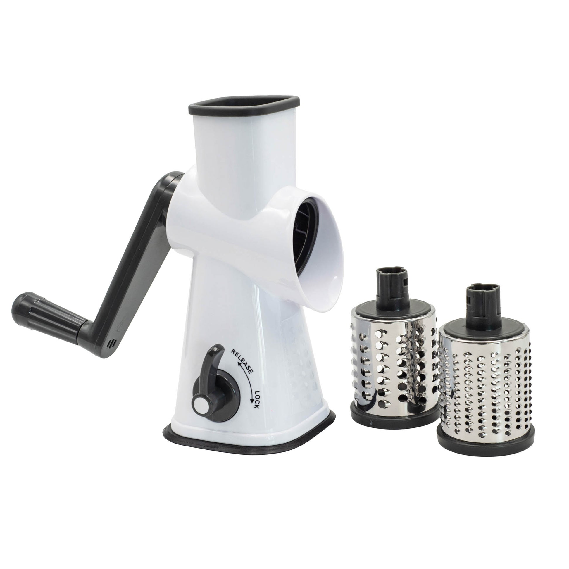 Drum grater with three drums that slice, grate and mine. Has a lockable base for secure use.