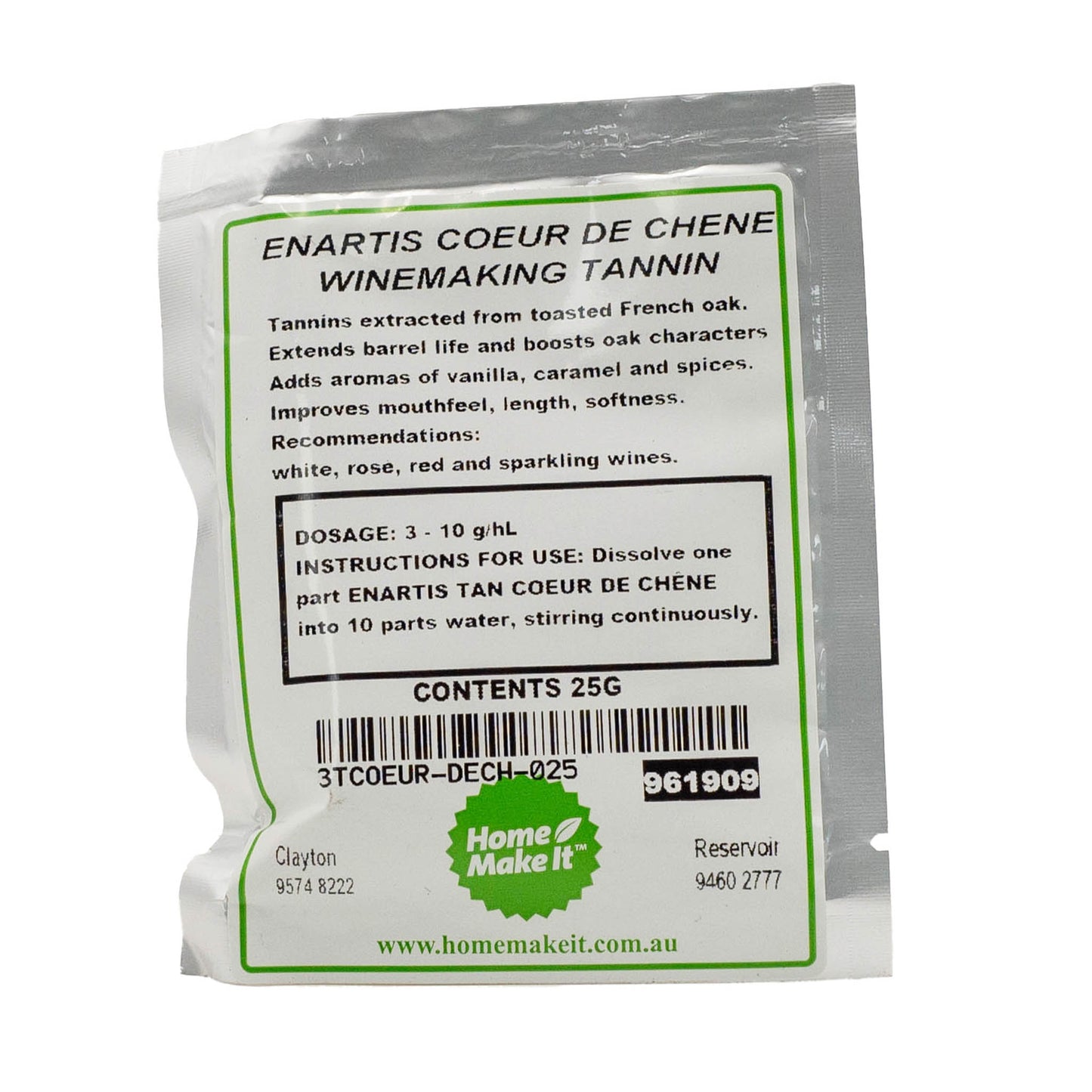 25 gram bag of winemaking tannin extracted from french oak. Boosts oak flavours and adds aromas of vanilla, caramel and spices. Improves mouth feel, length and softness.