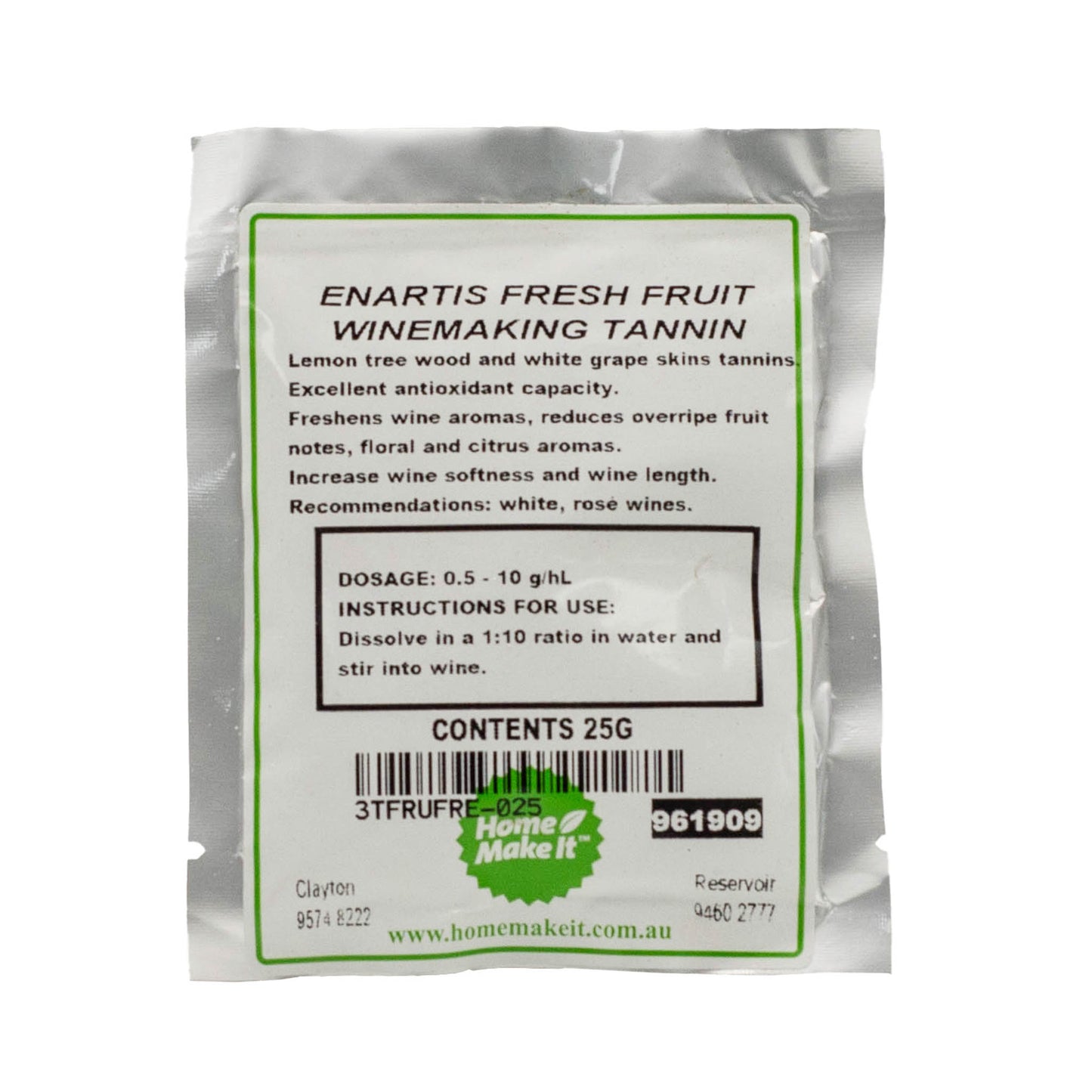 25g bag of fresh fruit winemaking tannin. Lemon tree wood and white grape skin tannin. reduces over ripe notes and has floral an citrus aromas.