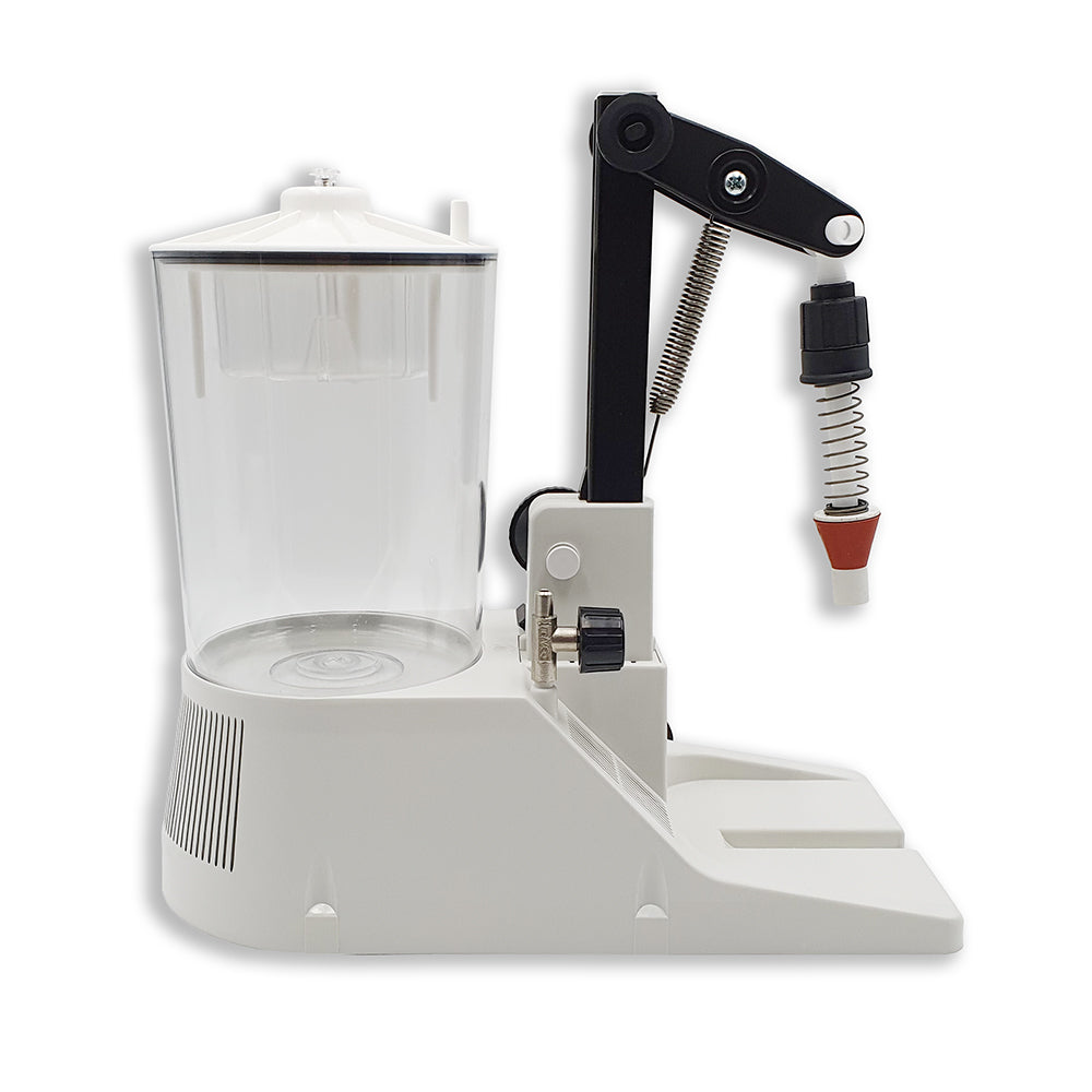 Italian made enolmatic filler for filling wine, spirits, liquor, tomato sauce, fruit juices, and other liquids with relatively high viscosity. Fills one bottle at a time.