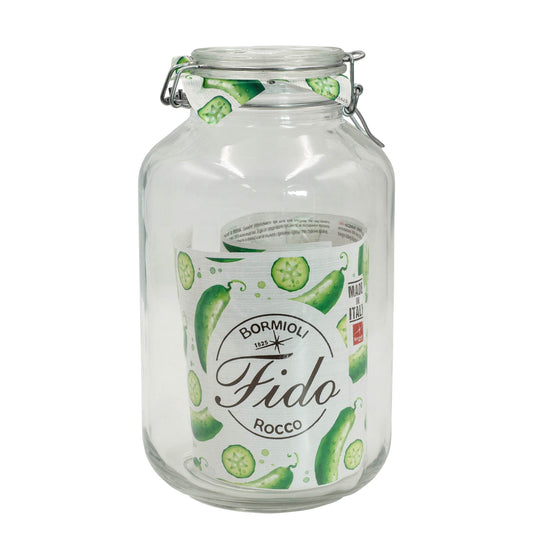 Italian made 4 litre FIDO jar with swing lid and rubber seal. For storing and fermenting oils, pickles, chutney or dry foods.