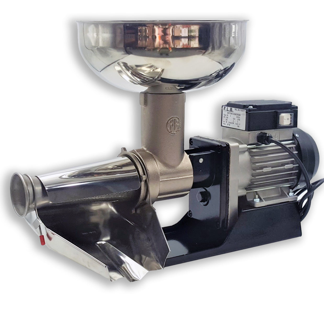 Italian made one horse power fabio leonardi flb motor, used with attachments in the passata, salami and sausage meat mincing. Image shows the motor with the tomato passata mincing attachment.