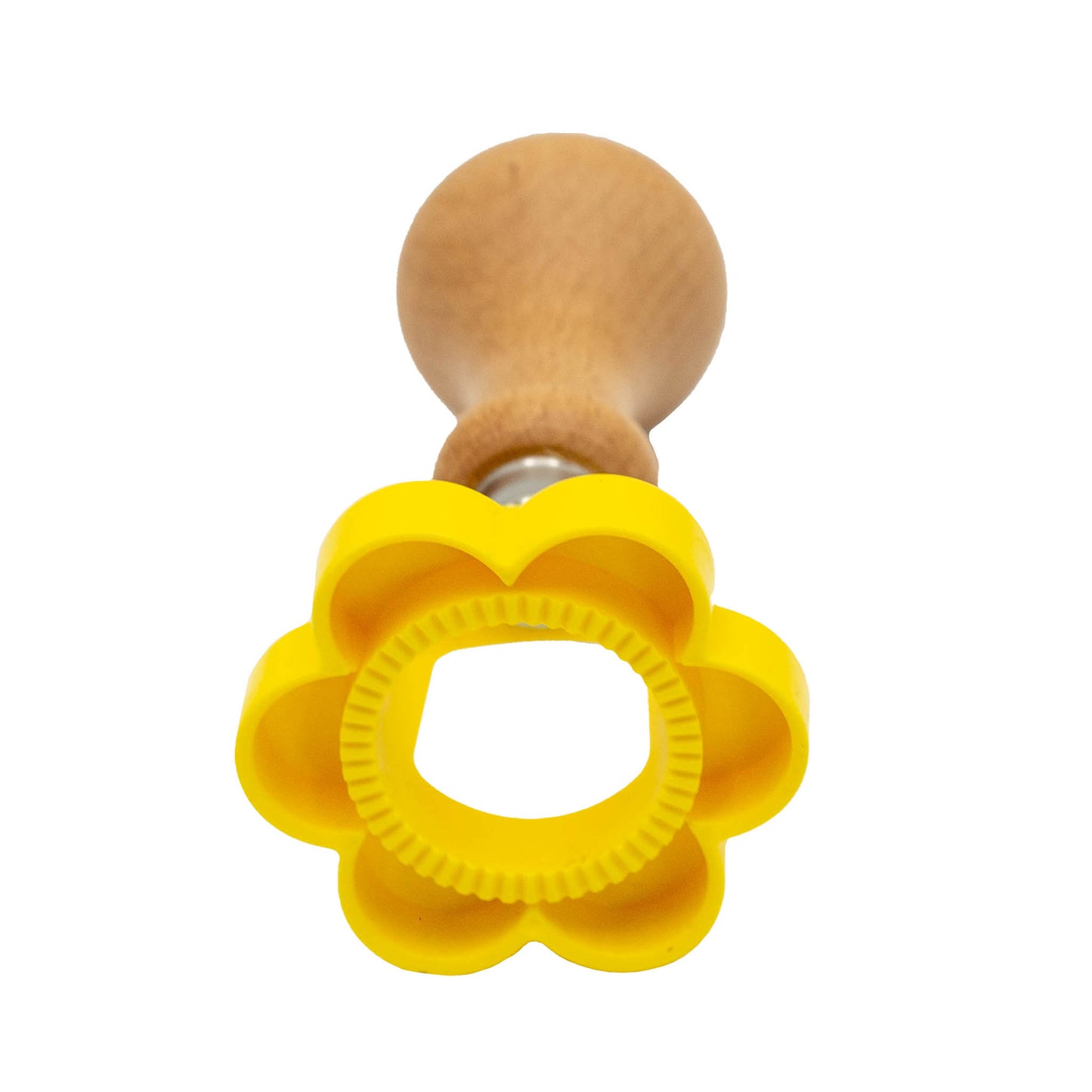 Italian made yellow plastic flower shape biscuit and pastry cutter with wooden handle.