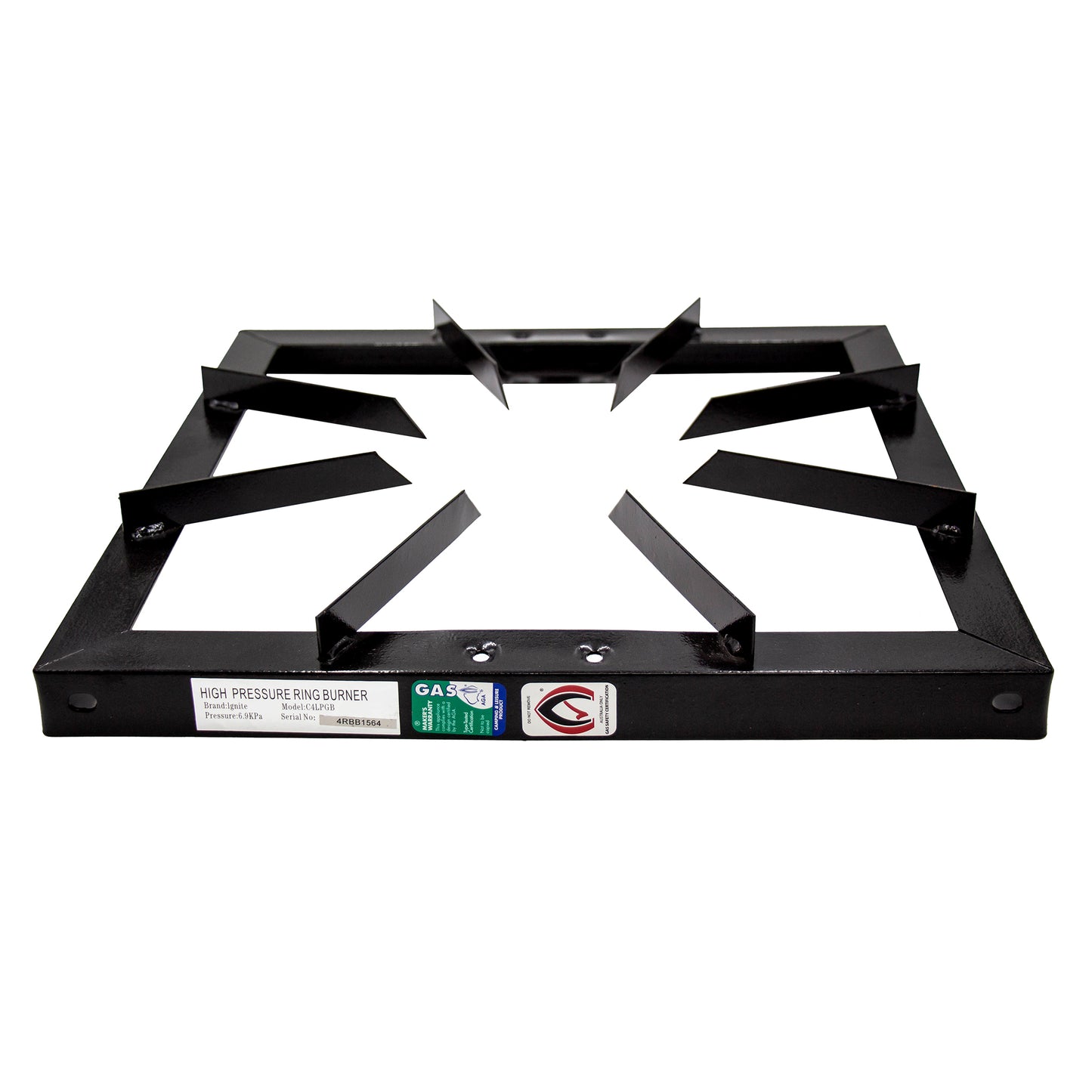 Black metal frame for four ring gas burner used in passata tomato sauce making