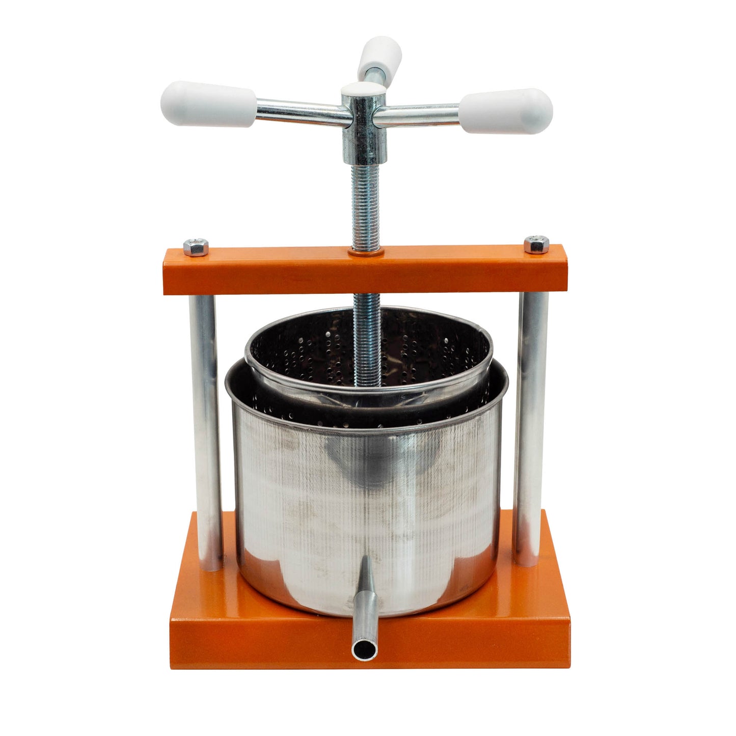 stainless steel fruit press with orange frame for pressing small batch grapes and soft fruits.