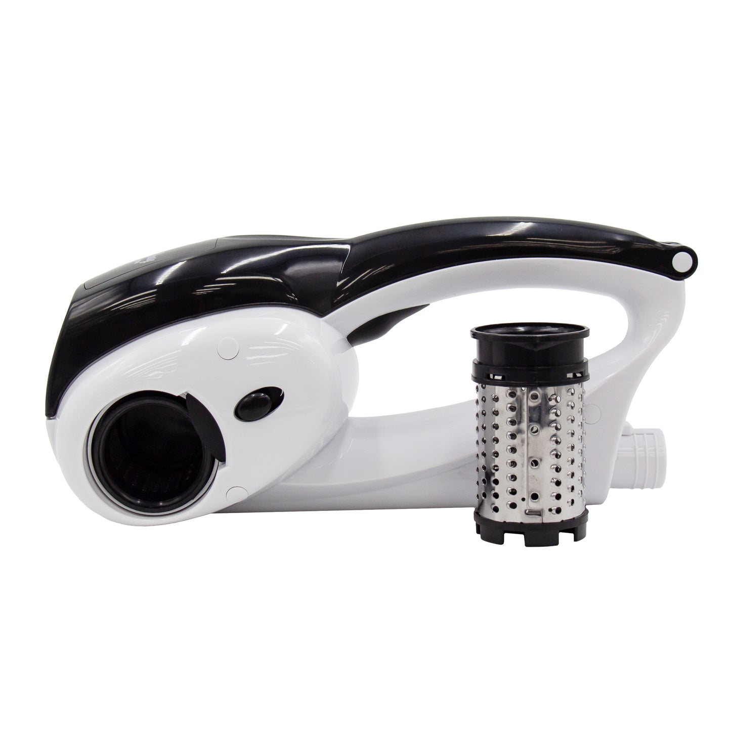 White and black plastic electric hand held cheese grater with two stainless steel cylinder drum graters and rechargeable battery