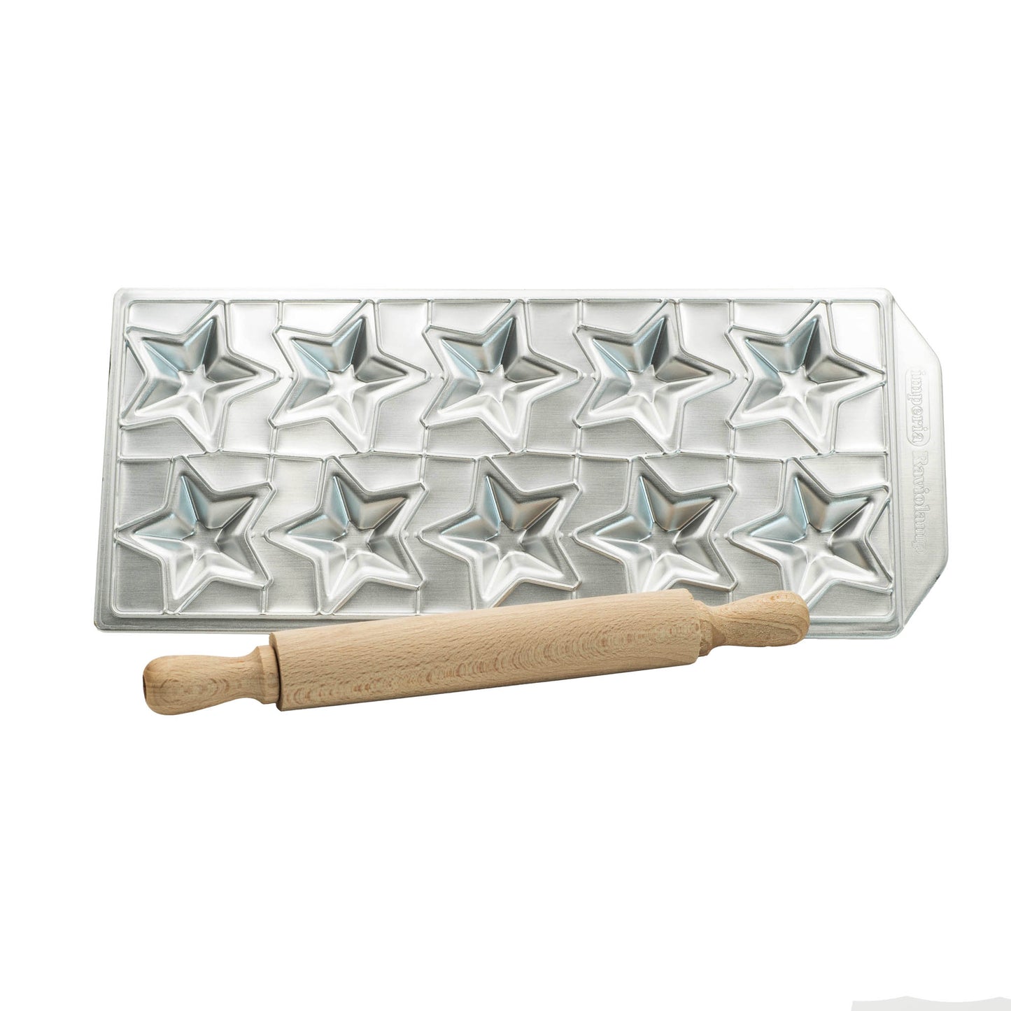 italian made imperia ravioli star shape mould with wooden rolling pin. Makes 10 each time.