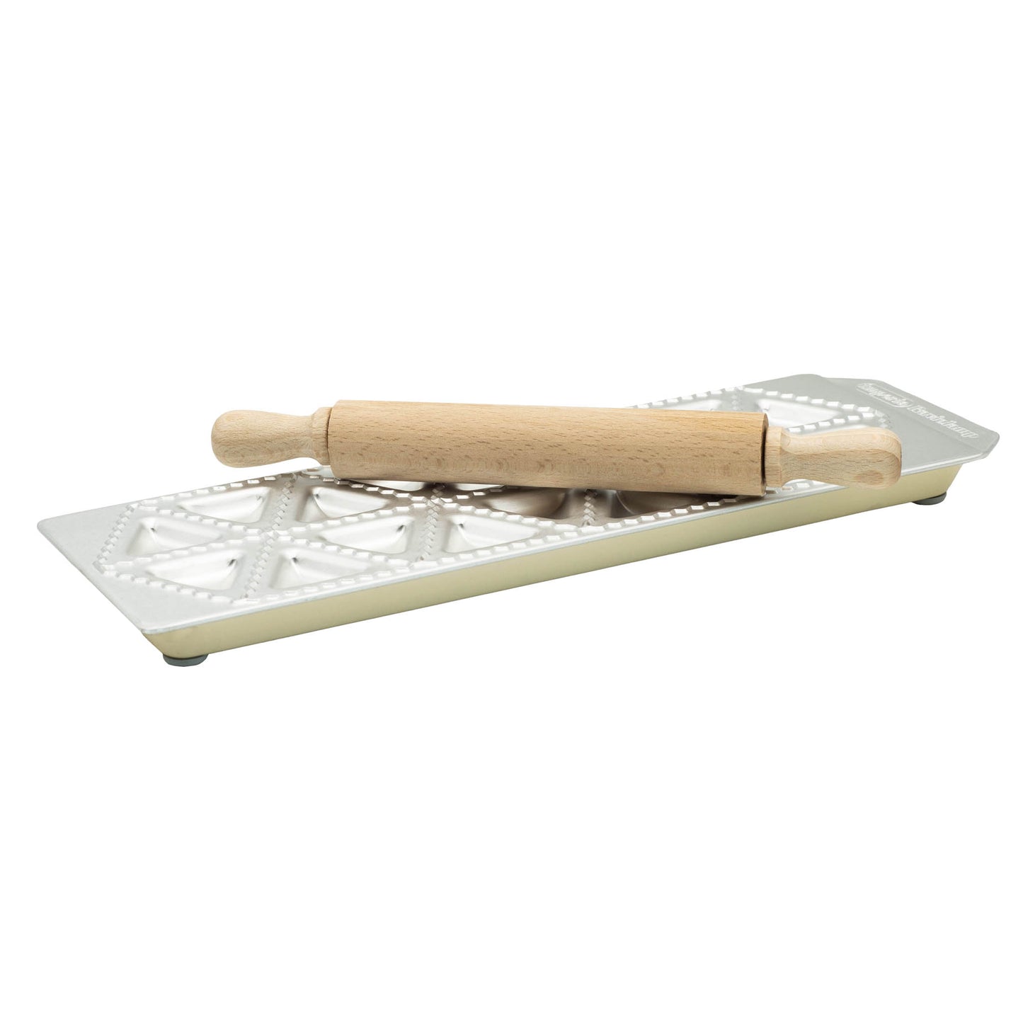 Imperia ravioli tortelli mould with non slip feet and wooden rolling pin.