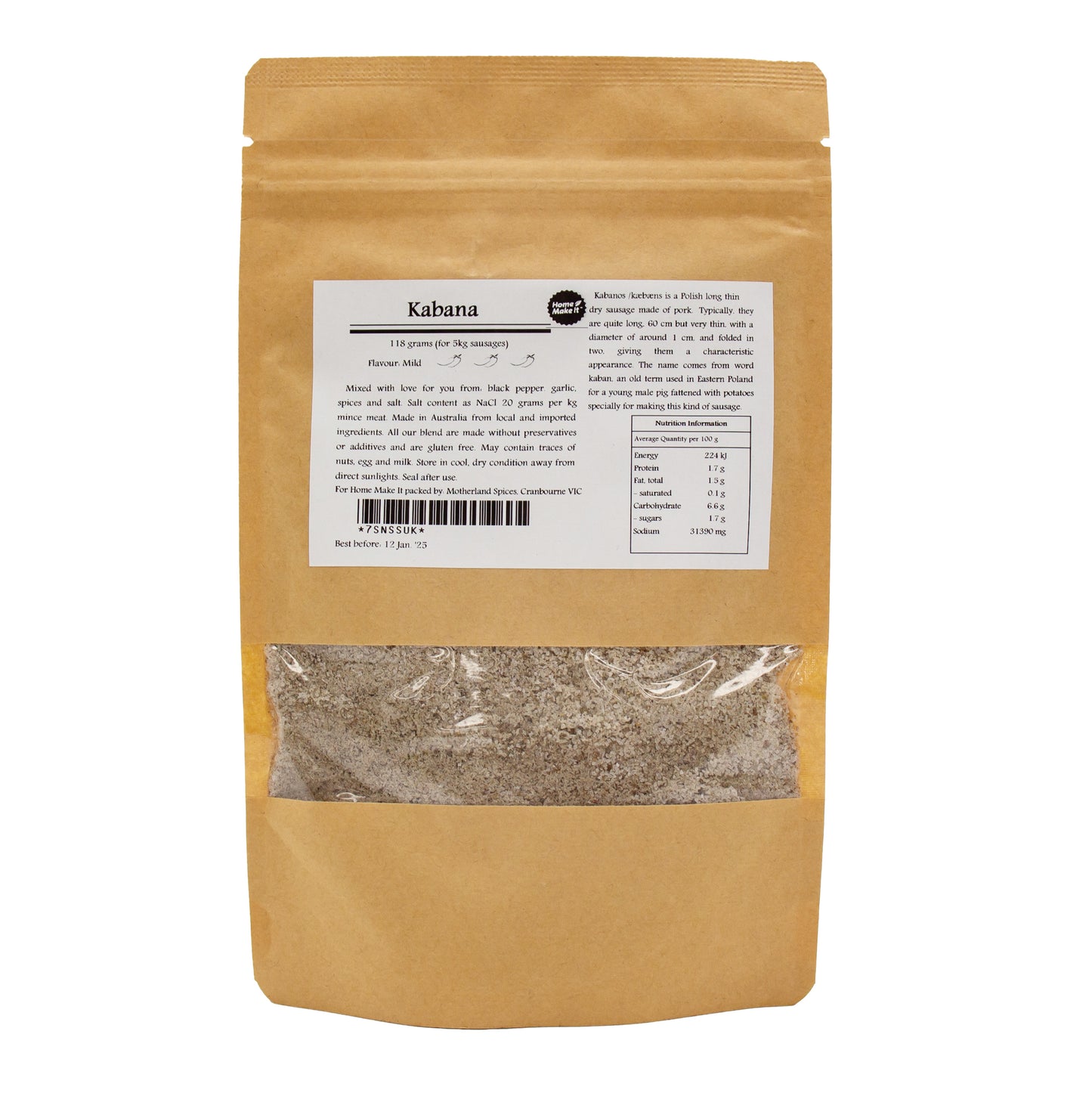 118gram packet of kabana spice mix for sausage making. Makes up to 5kg.