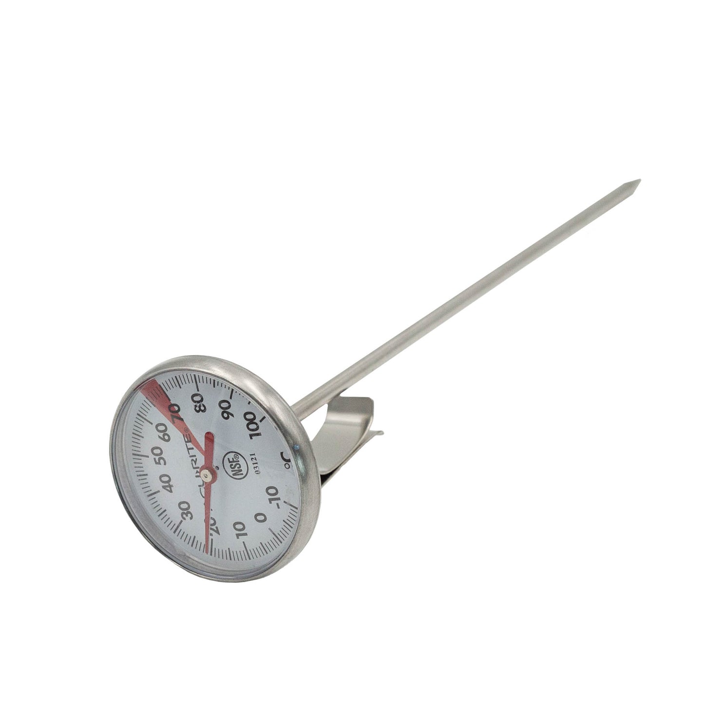 Large thermometer for milk frothing and cheese making. Has a clip to hold the thermometer to the jug or bowl.