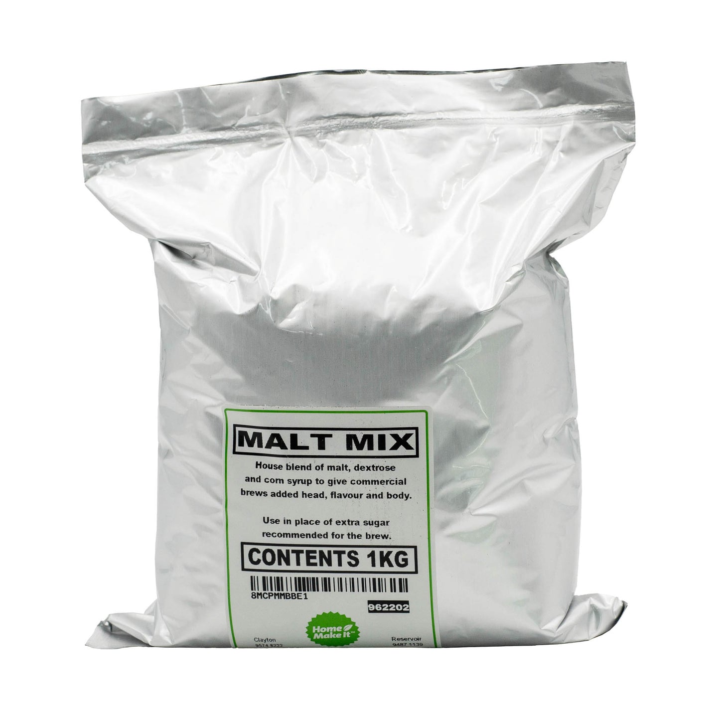 1 kg bag of mixed dried malts to add body and head to beer. Use in place of dextrose brewing sugar.