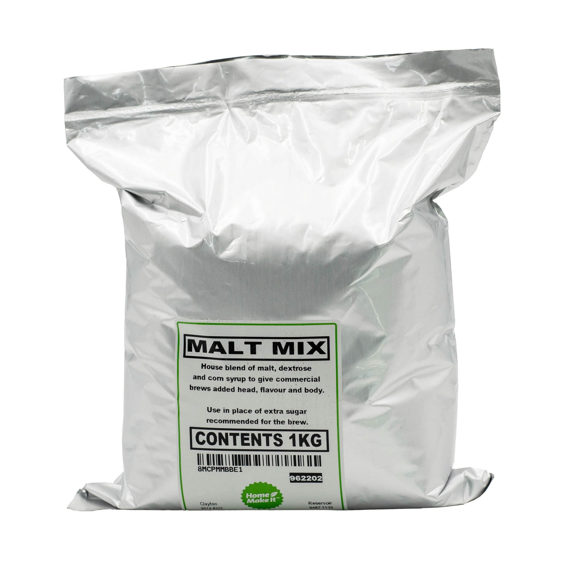 1 kg bag of mixed dried malts to add body and head to beer. Use in place of dextrose brewing sugar.