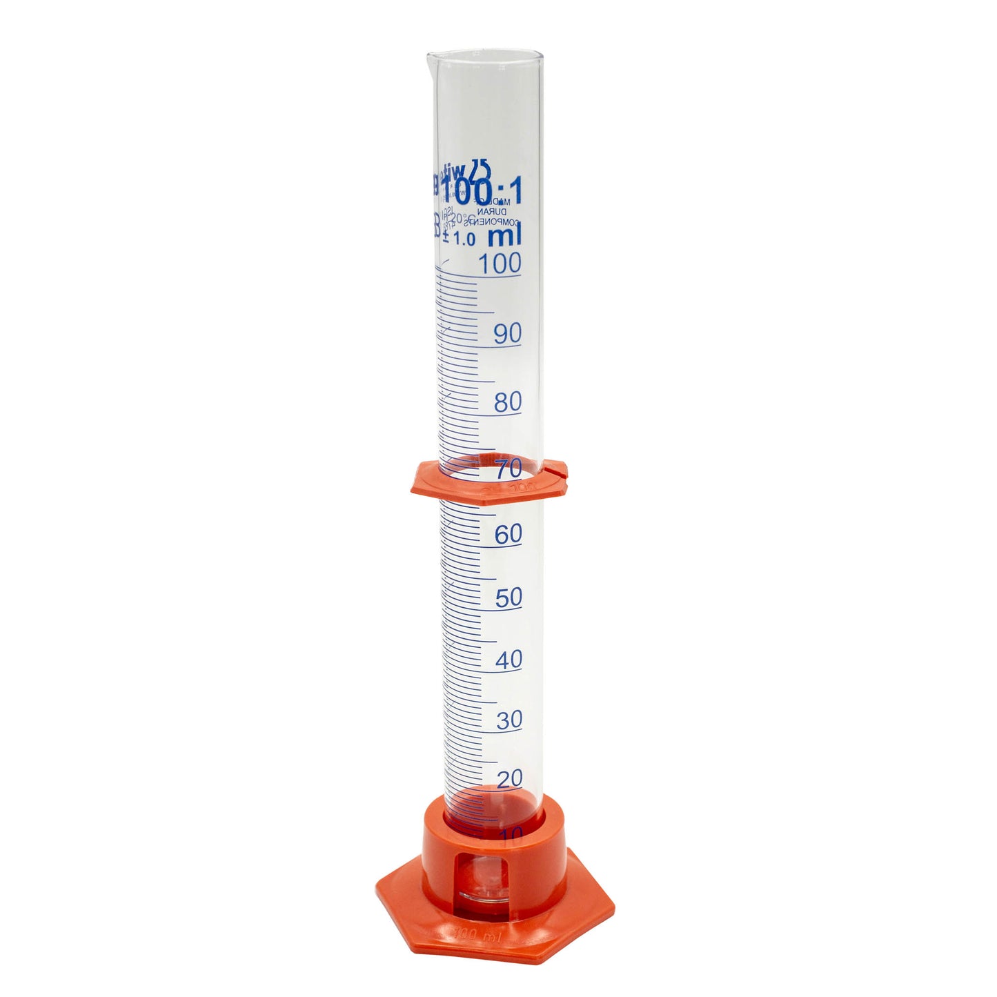 100ml glass measuring cylinder with plastic base and place holder. Measures in 1ml increments.