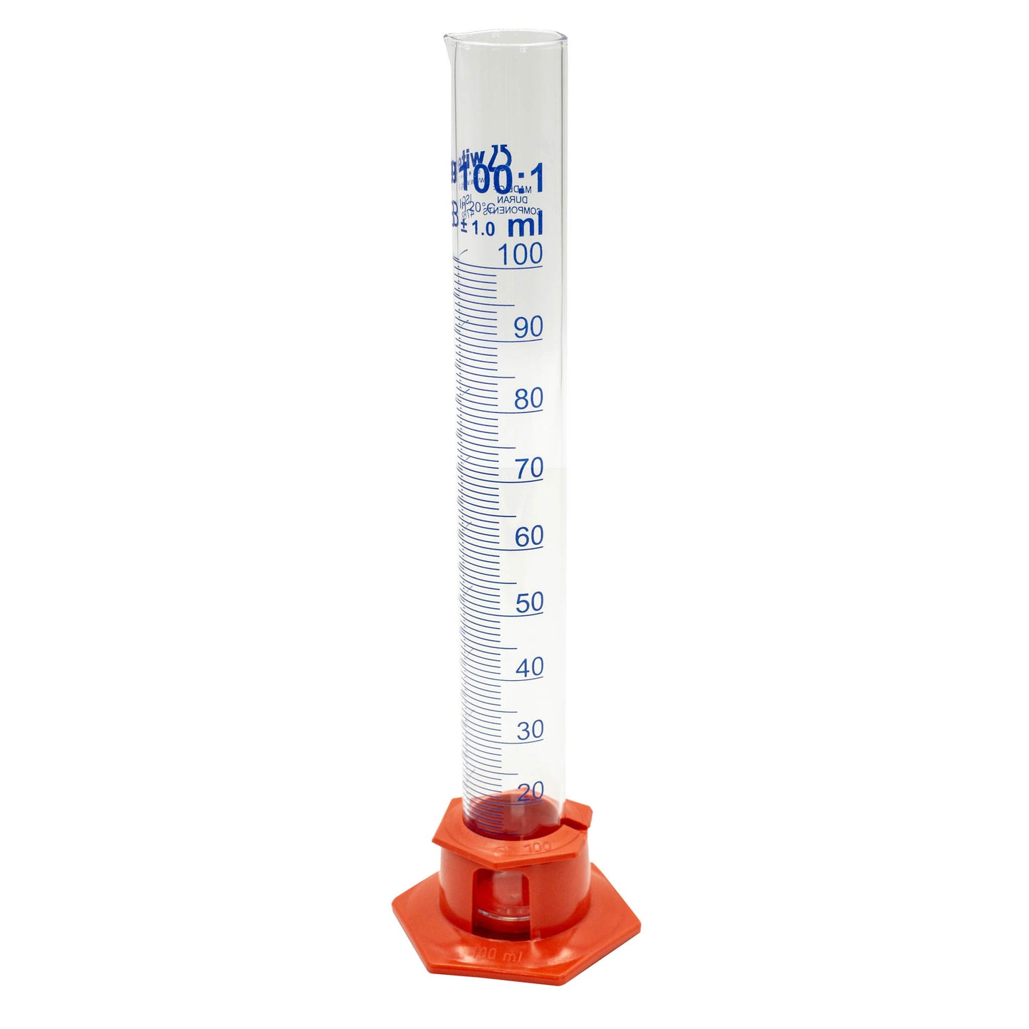 100ml glass measuring cylinder with plastic base and place holder. Measures in 1ml increments.