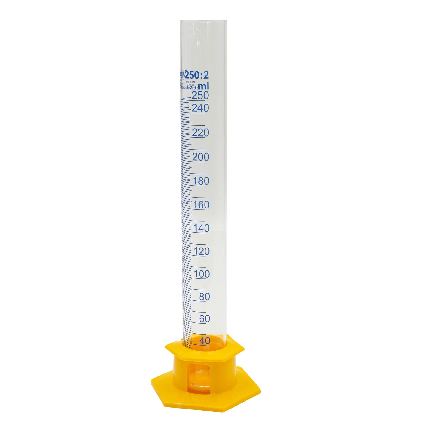 250ml glass measuring cylinder with plastic base and place holder. Measures in 2ml increments.
