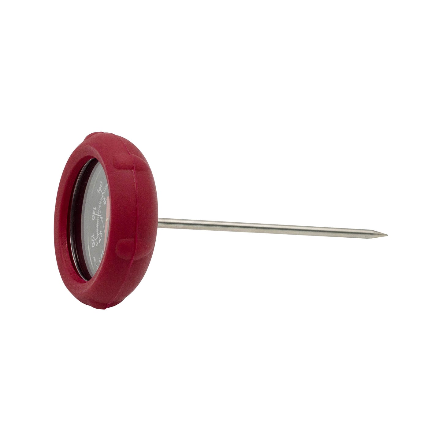 meat thermometer with readings in celsius and fahrenheit. Has markers for rare, medium and well done temperatures.