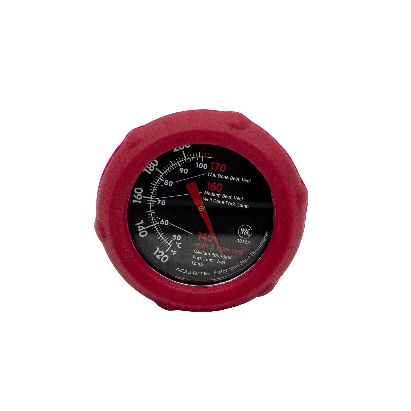 meat thermometer with readings in celsius and fahrenheit. Has markers for rare, medium and well done temperatures.