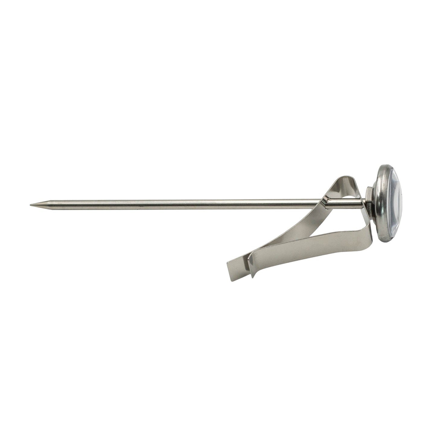 stainless steel milk frothing thermometer. Temperature gauge from 10 to 100 degrees celsius. Comes with a clip to attach to milk jug.