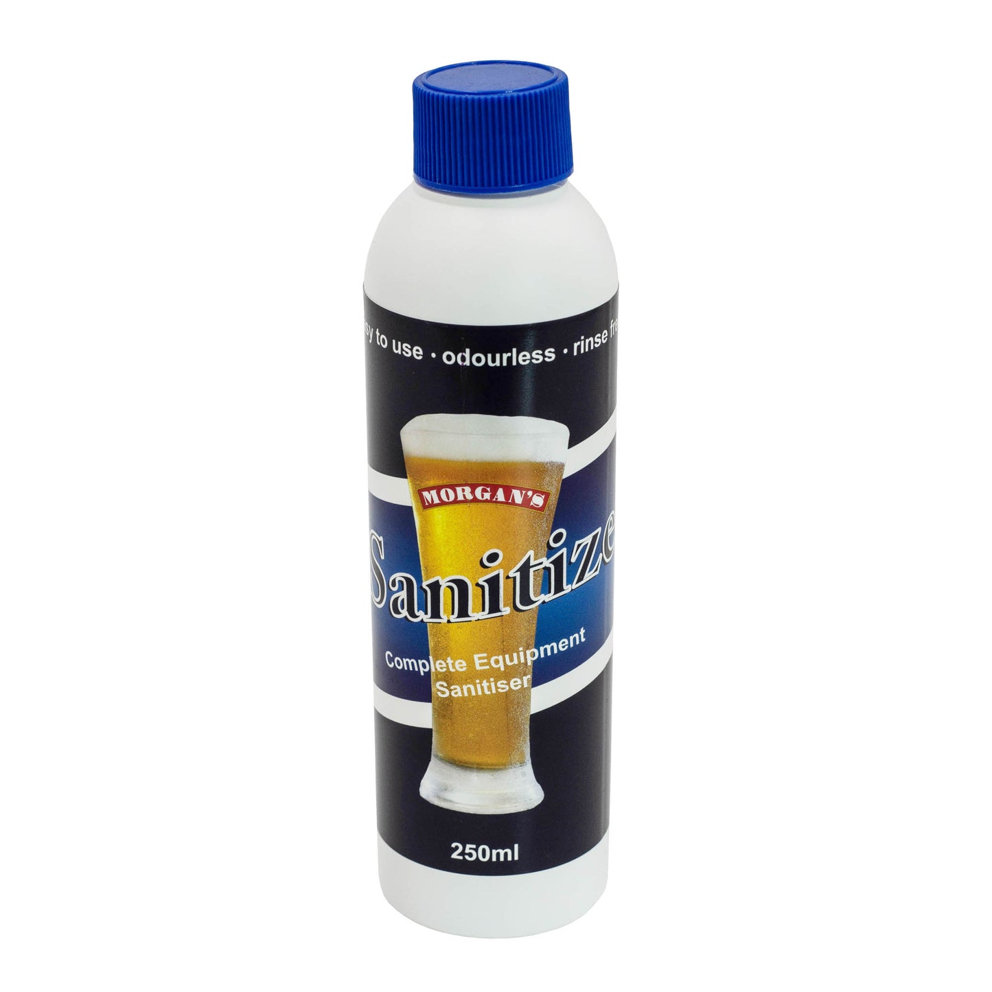 250ml bottle of Morgans Sanitizer, easy to use, odourless and no need to rinse. Its your complete equipment sanitiser.