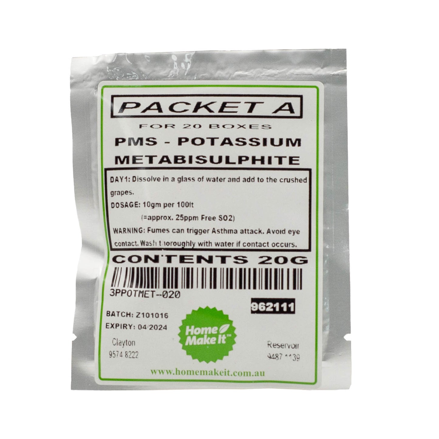 20g packet of potassium metabisulphite (PMS) or Packet A. Add to crushed grapes during the wine making process.