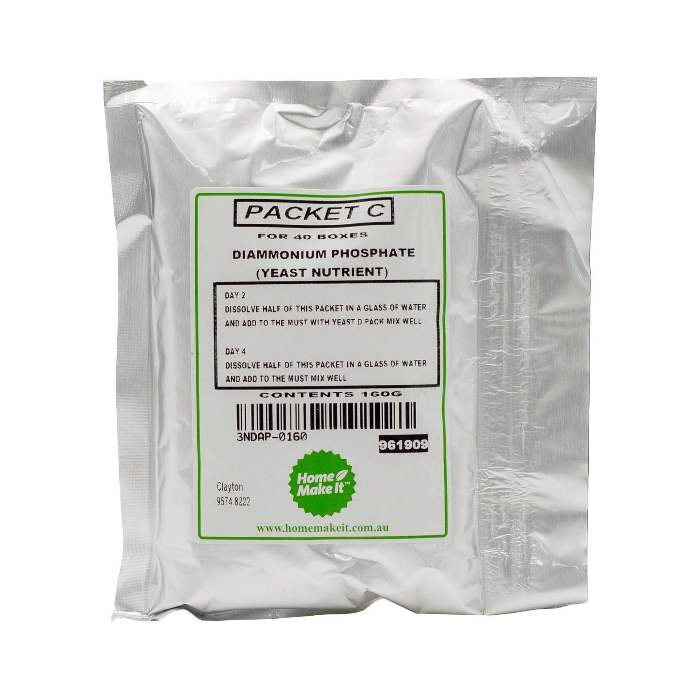 160g packet of Diammonium phosphate (DAP) also known as packet C yeast nutrient. Add to the wine must with yeast.