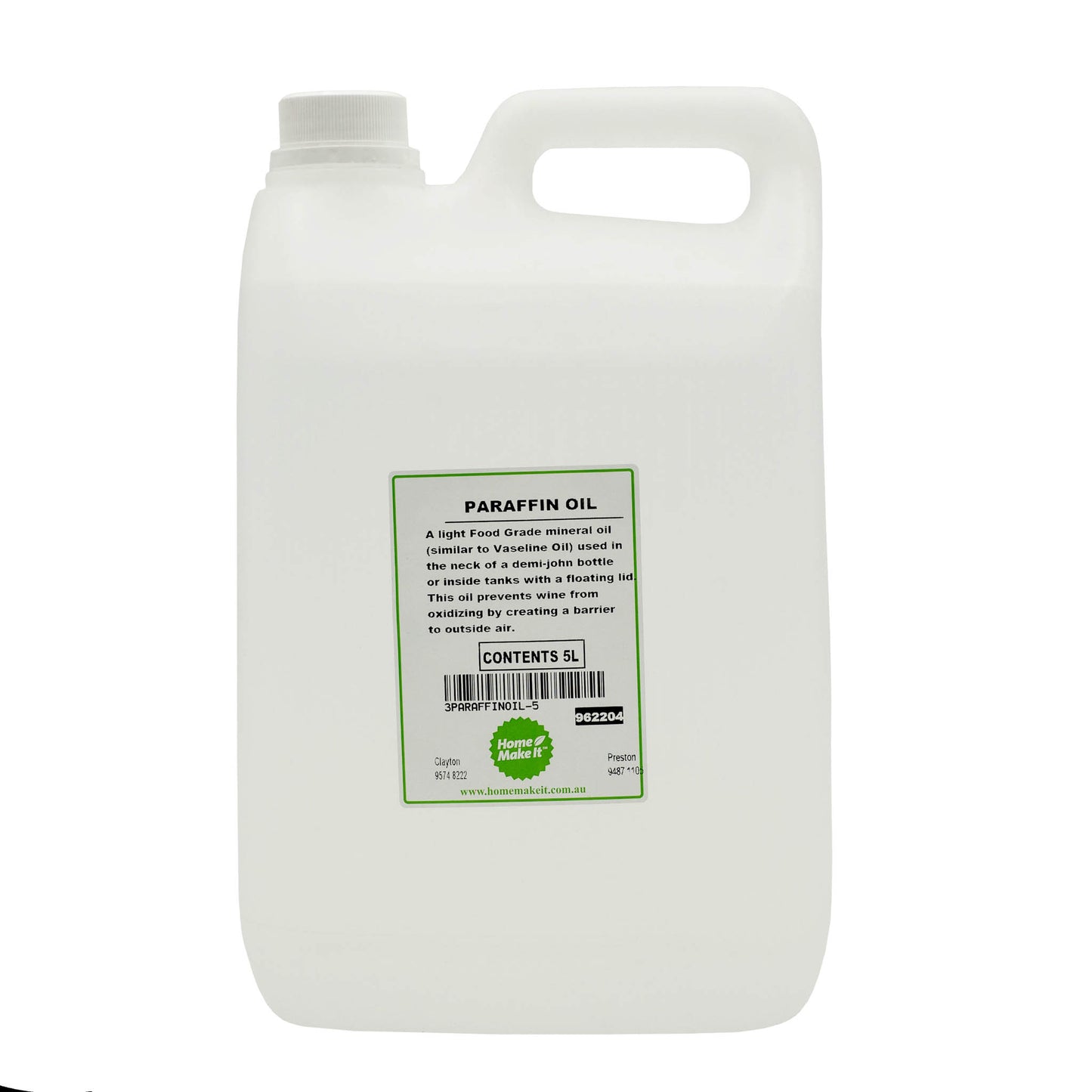 5 litre bottle of paraffin oil for preventing outside air getting into wine tanks and demijohns during wine making.